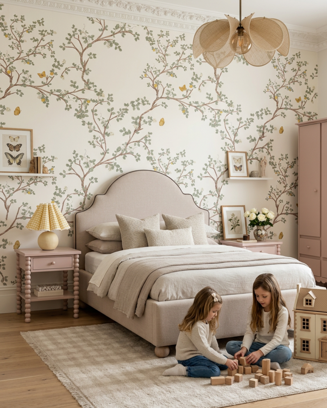 Tapeta Wśród Drzew + Łóżko tapicerowane Emma + Stolik nocny Bobbin + Dywan Swan Lake