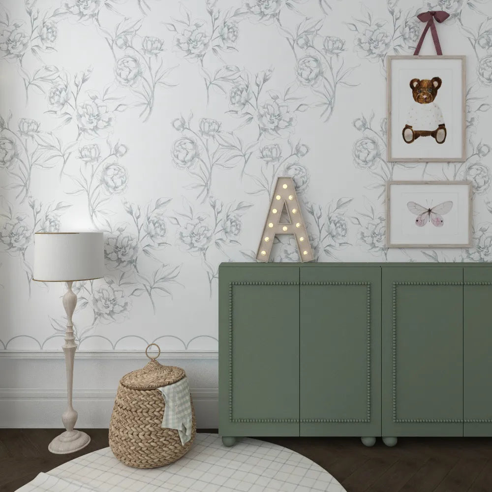 Tapeta kwiaty peonie (piwonie) falbanka zieleń