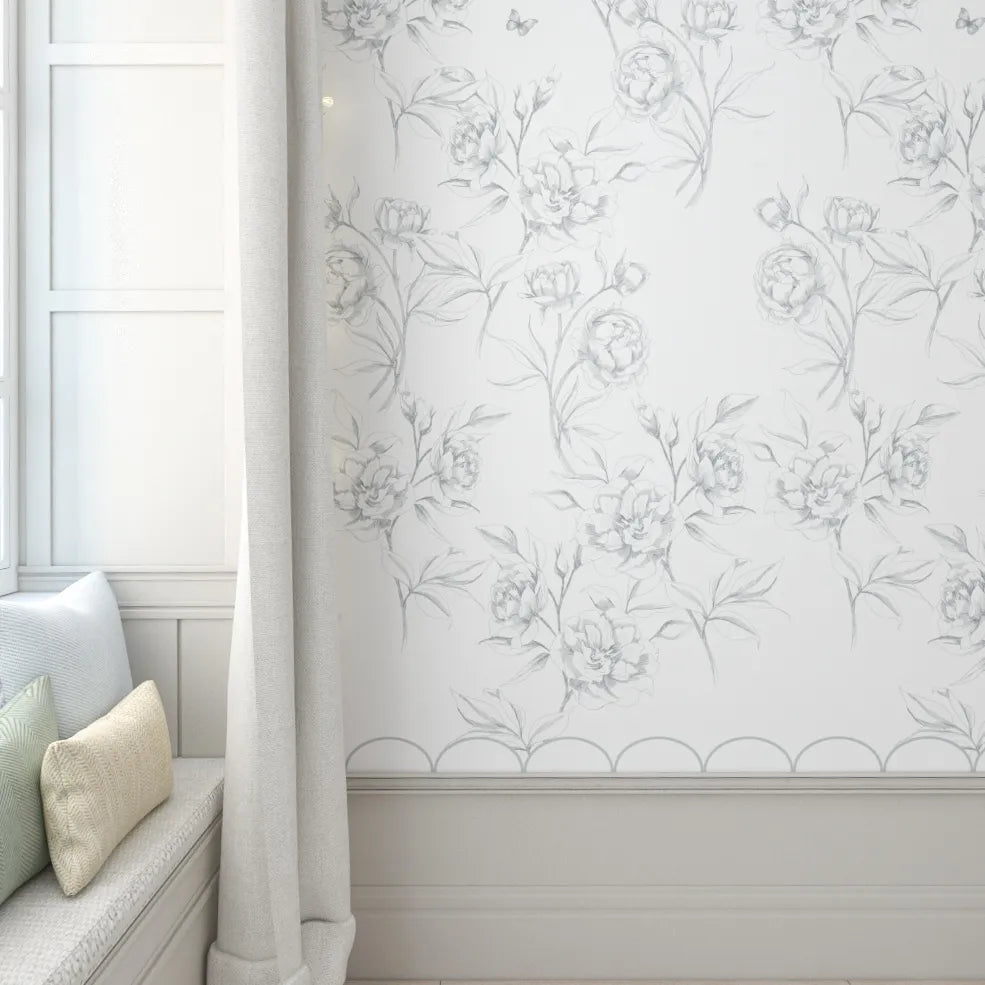 Tapeta kwiaty peonie (piwonie) falbanka zieleń