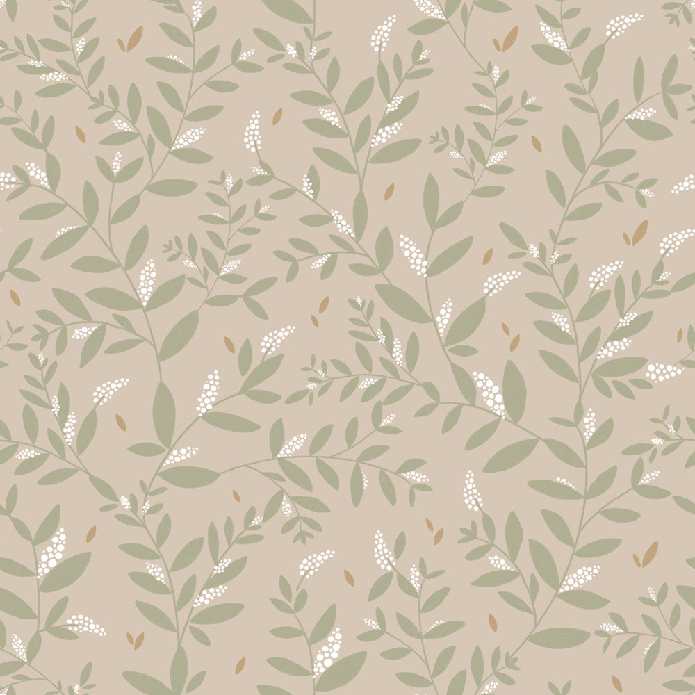 Tapeta listki Delicate Twigs with Green and Beige