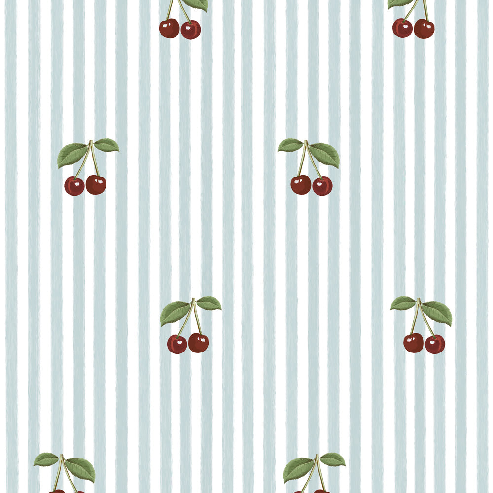 Tapeta wisienki Little Cherries on Blue Stripes