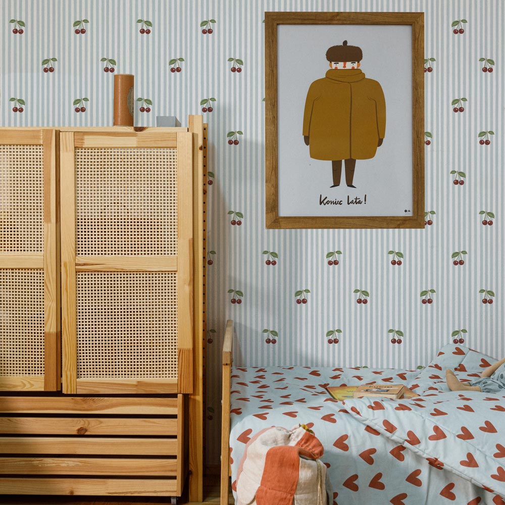 Tapeta wisienki Little Cherries on Blue Stripes