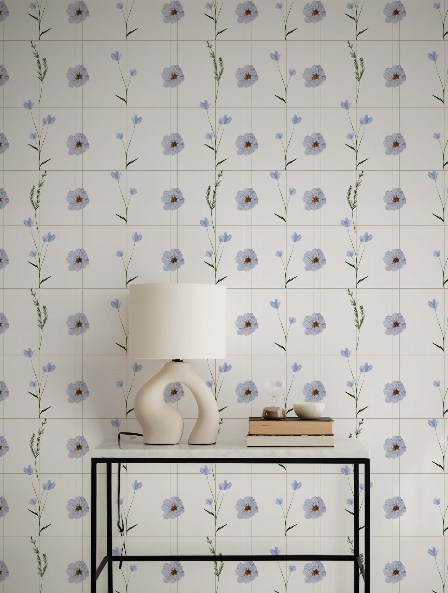 Tapeta niebieskie kwiatki w kratkę