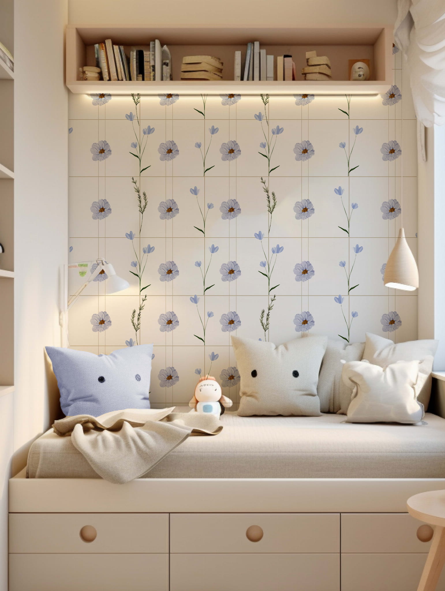 Tapeta niebieskie kwiatki w kratkę