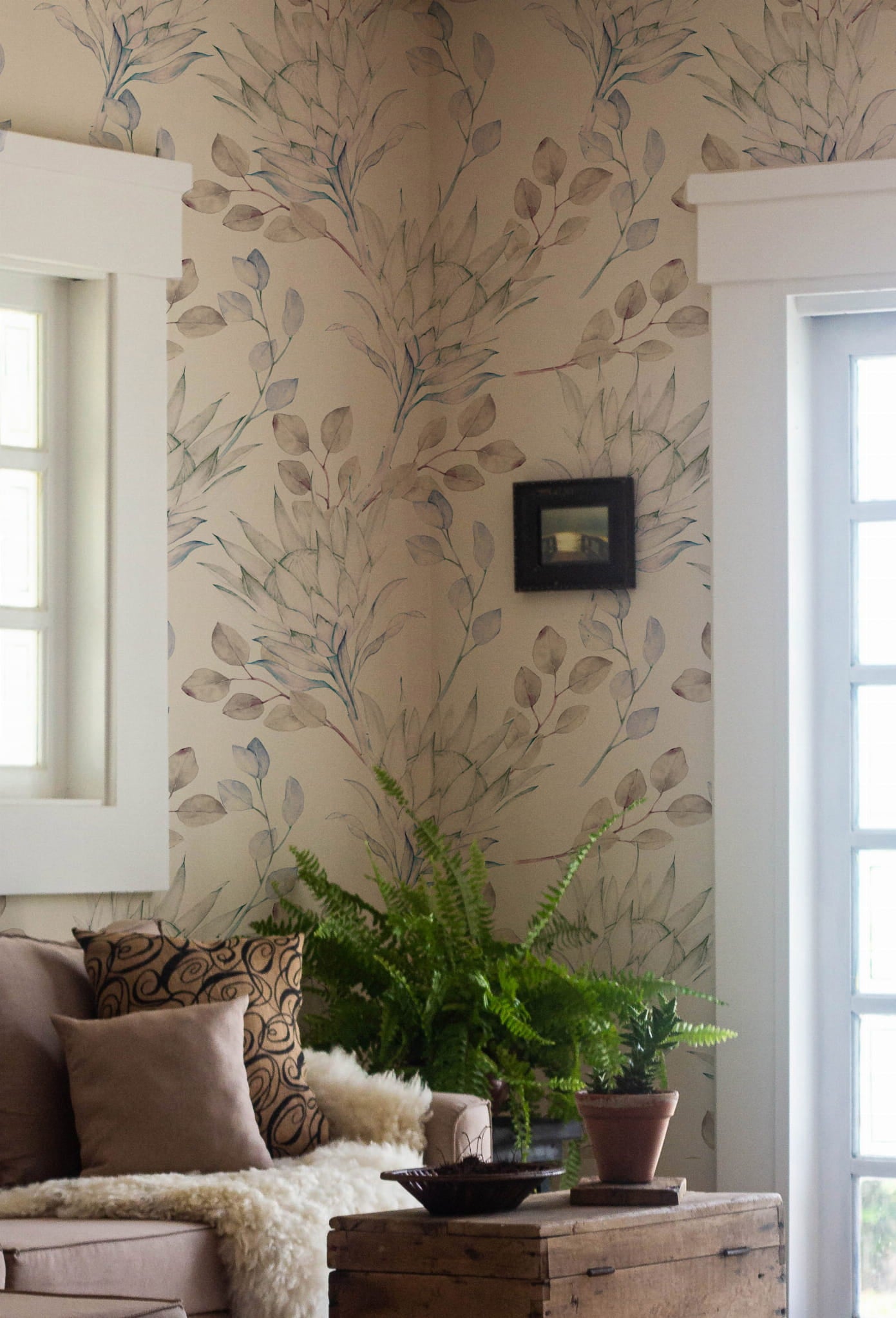 Tapeta eukaliptus beżowo-niebieski