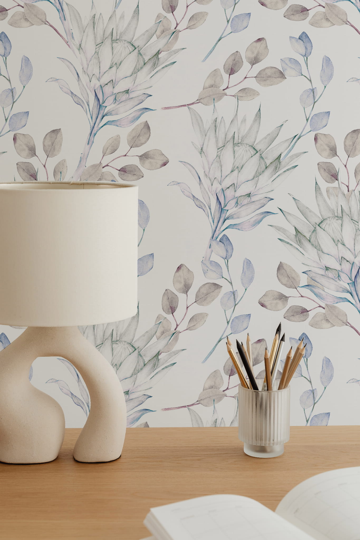 Tapeta eukaliptus beżowo-niebieski