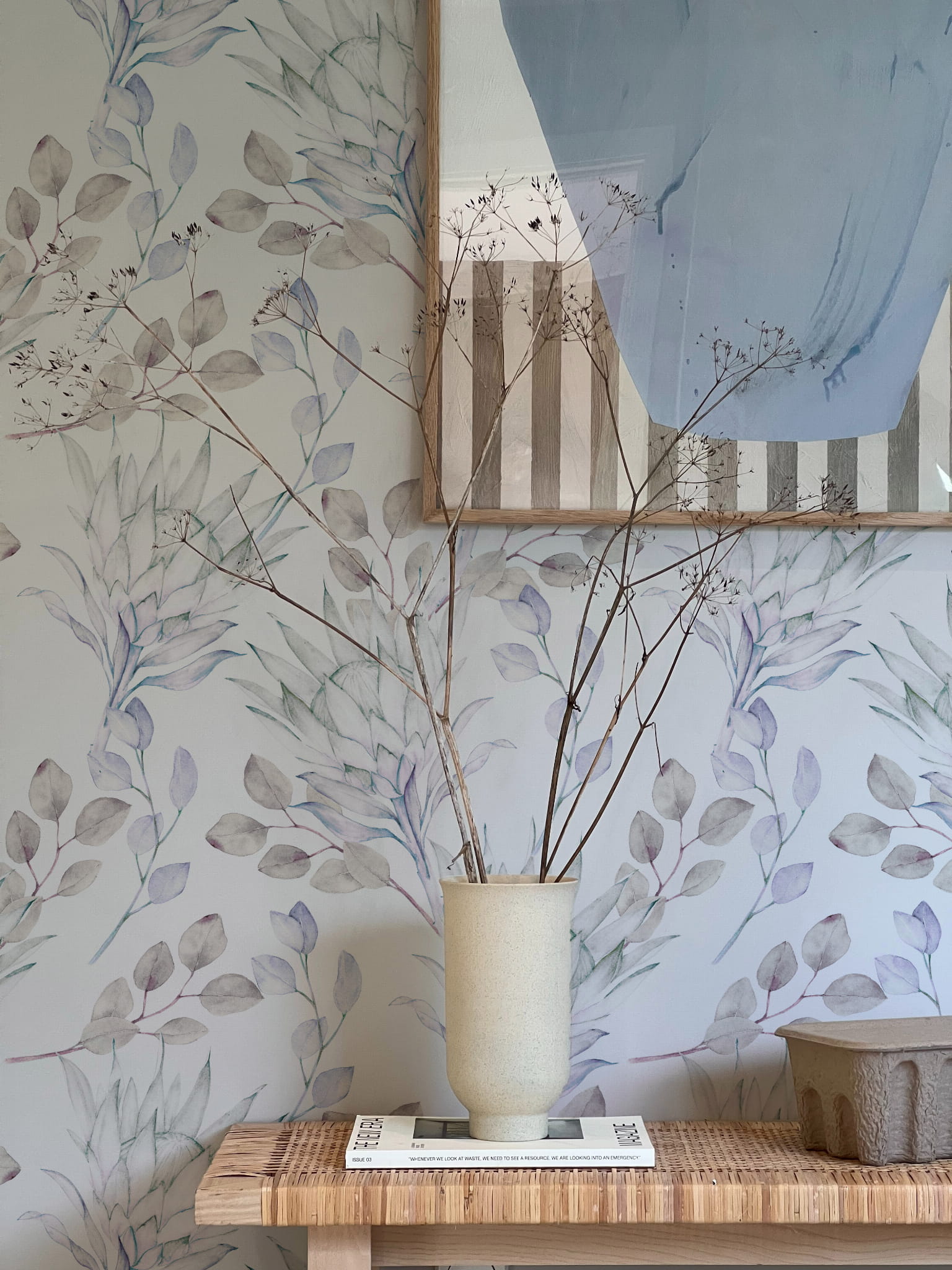 Tapeta eukaliptus beżowo-niebieski