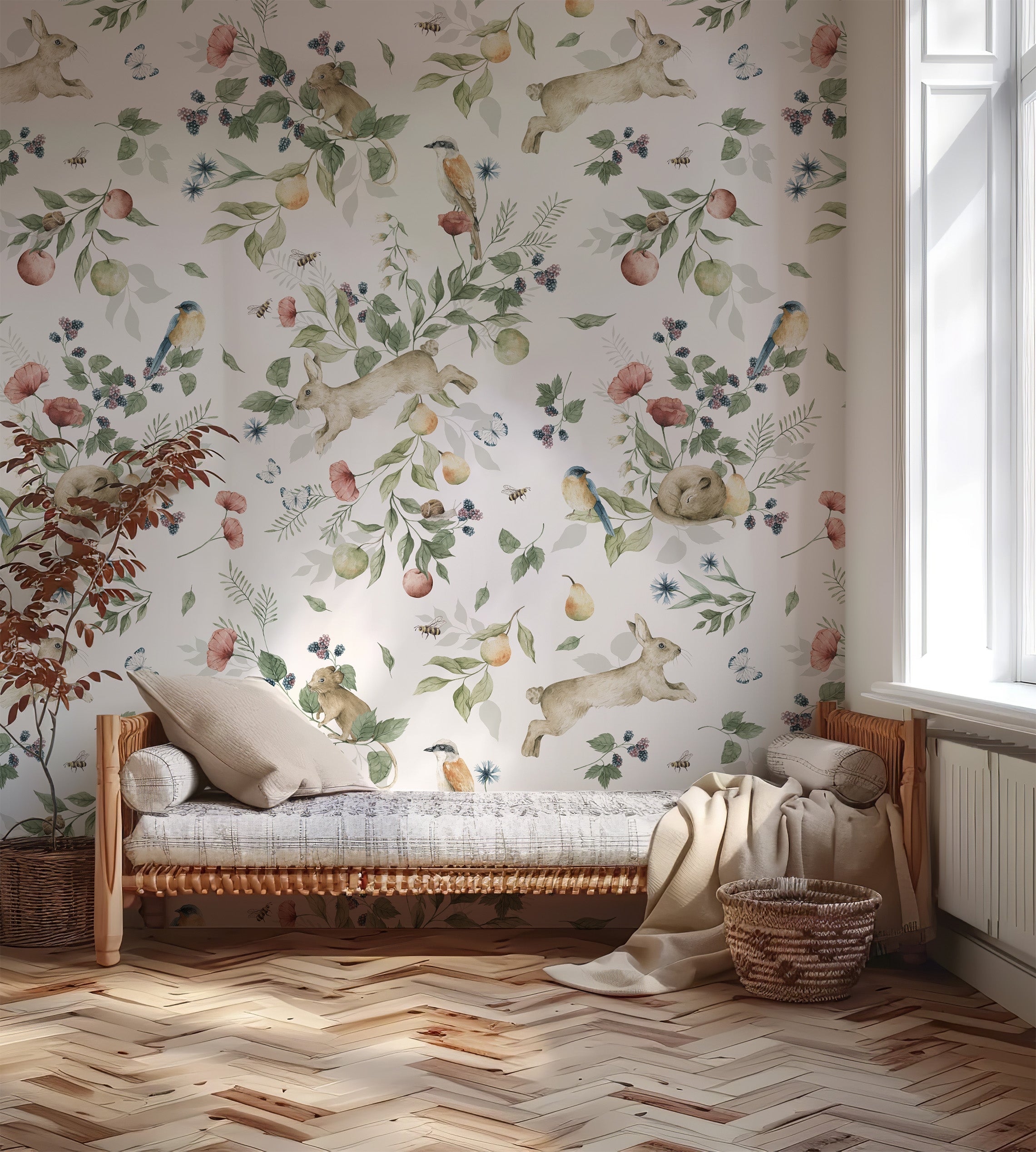 Tapeta króliczki owocowy sad