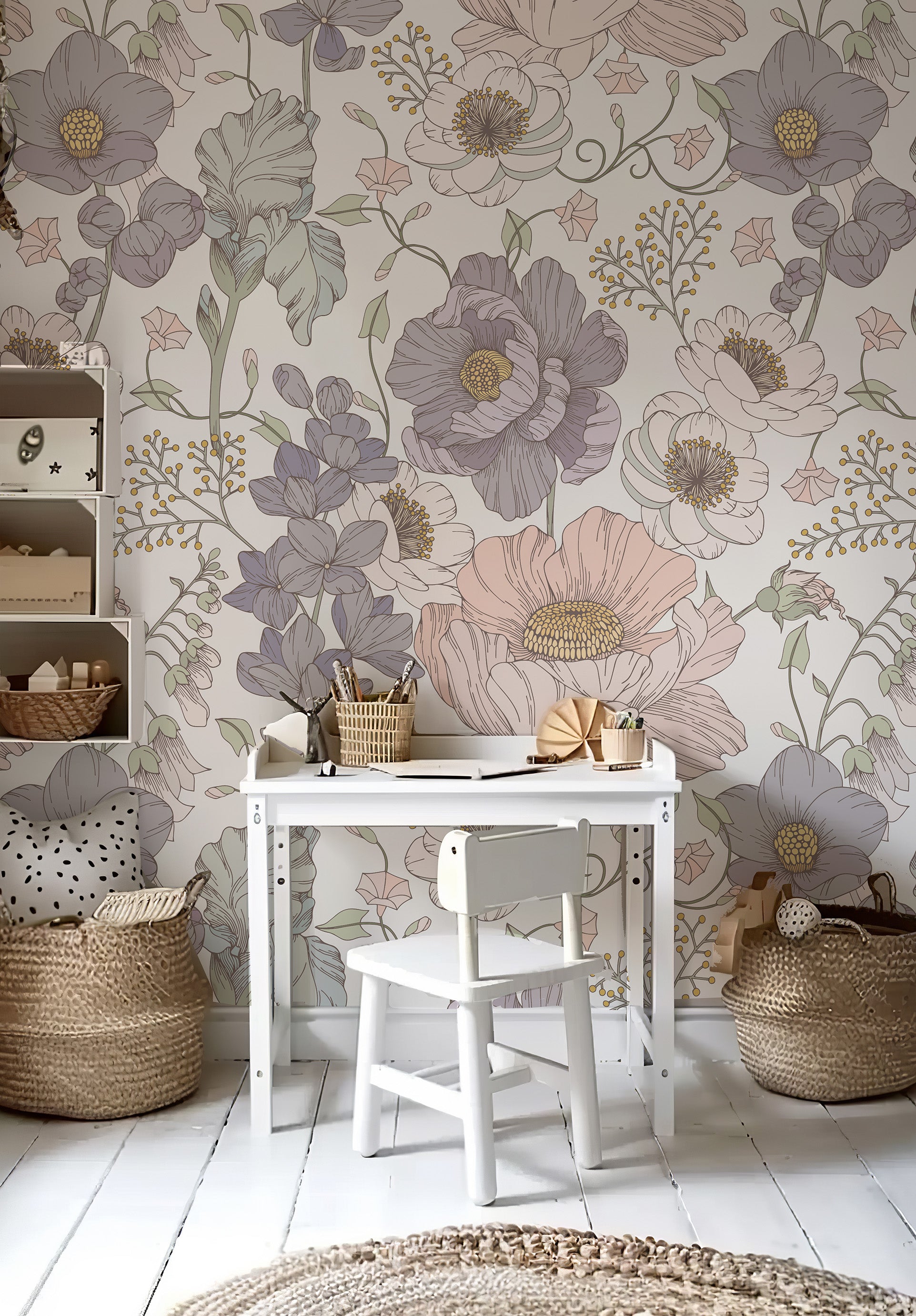 Tapeta kolorowe kwiatki na bieli