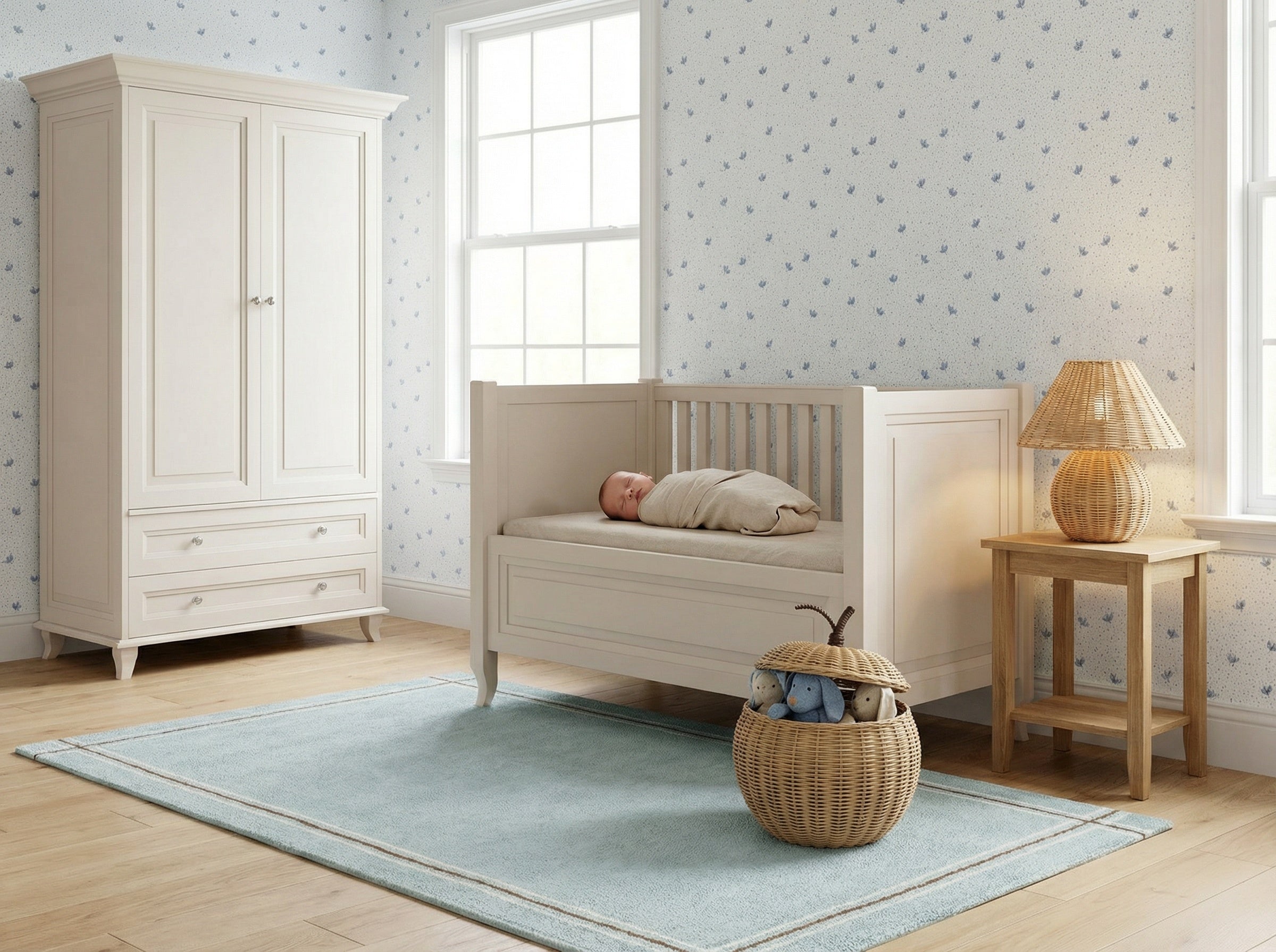 Aranżacja pokoju niemowlaka z tapetą w drobne niebieskie kwiatuszki i meblami z kolekcji Alex