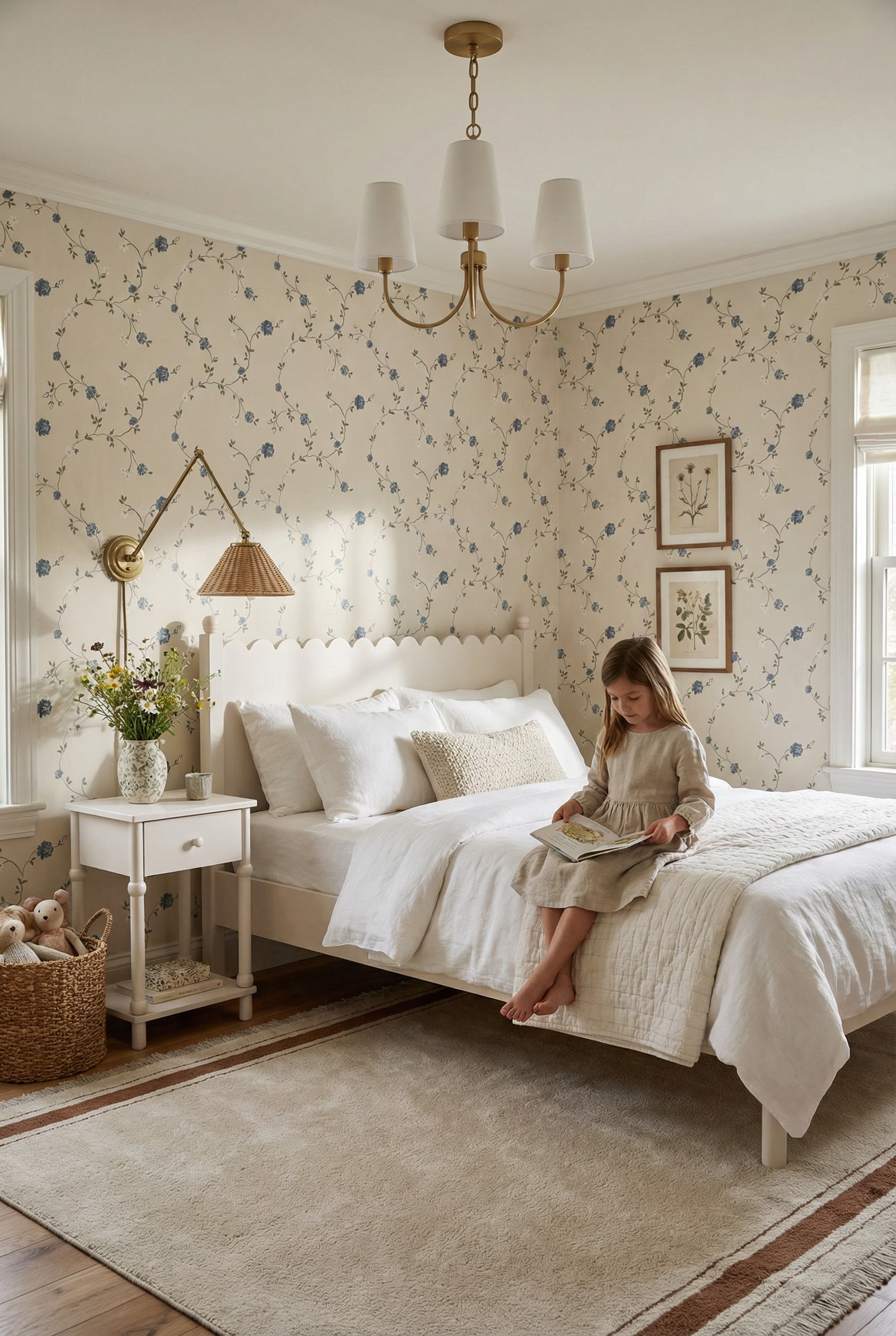 rustykalny pokój dziewczynki z tapetą gałązki