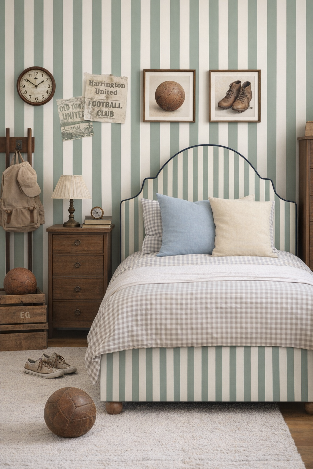 Aranżacja pokoju chłopca z tapetą w pasy zielone