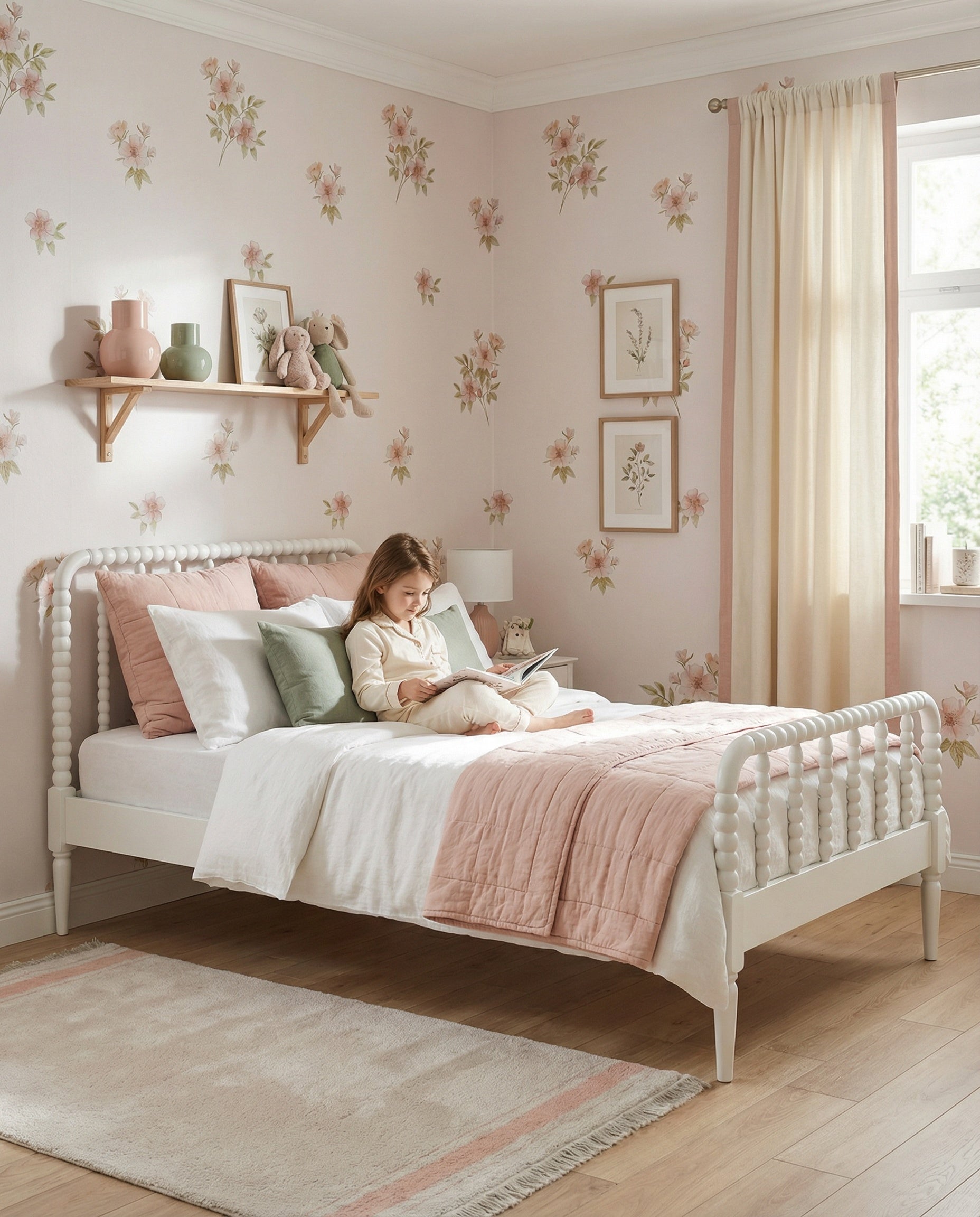 Aranżacja pokoju dziewczynki z tapetą w kwiaty herbaciane oraz łóżkiem szpulowym
