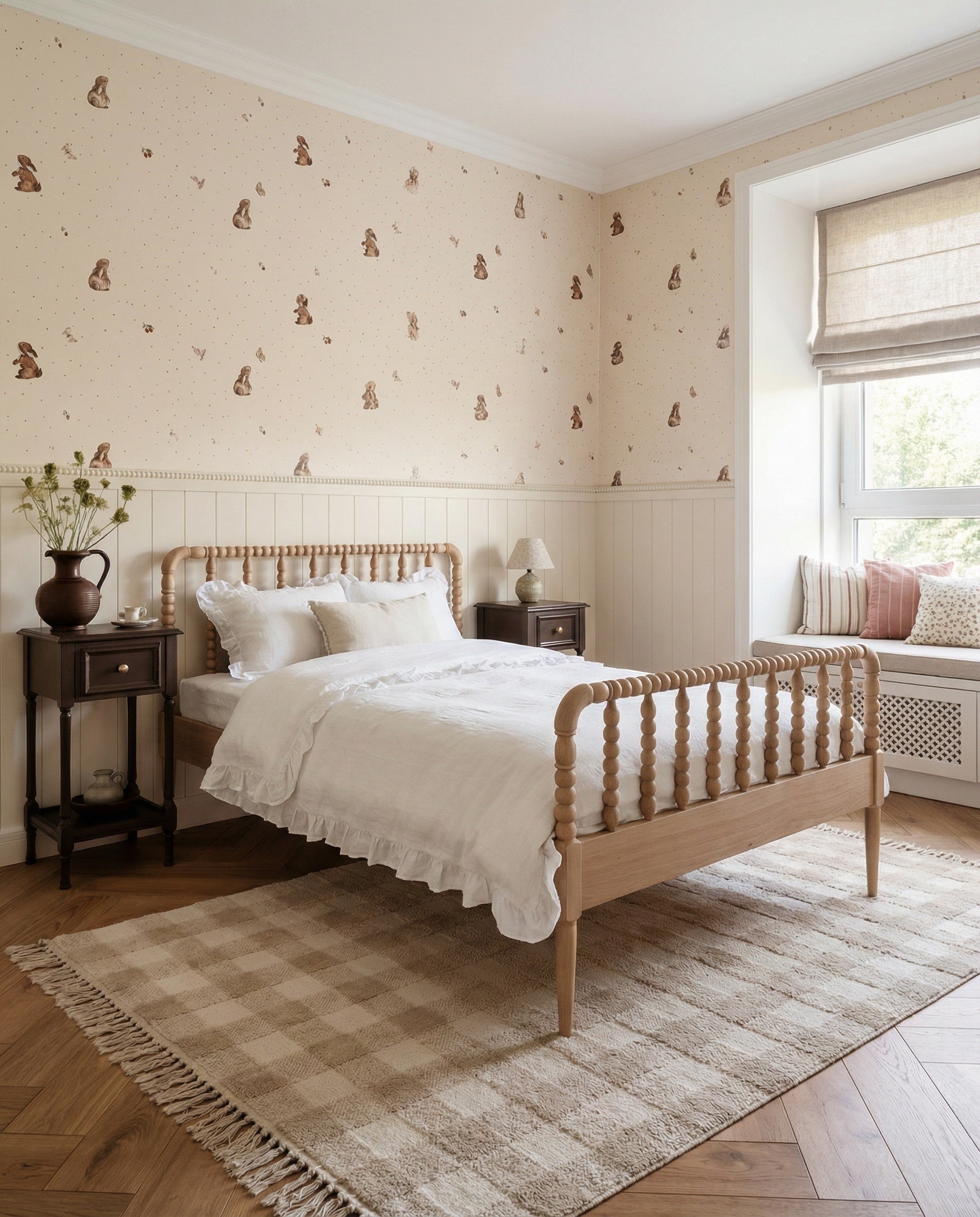 Aranżacja pokoju dziecka z łóżkiem szpulowym oraz tapetą w króliczki