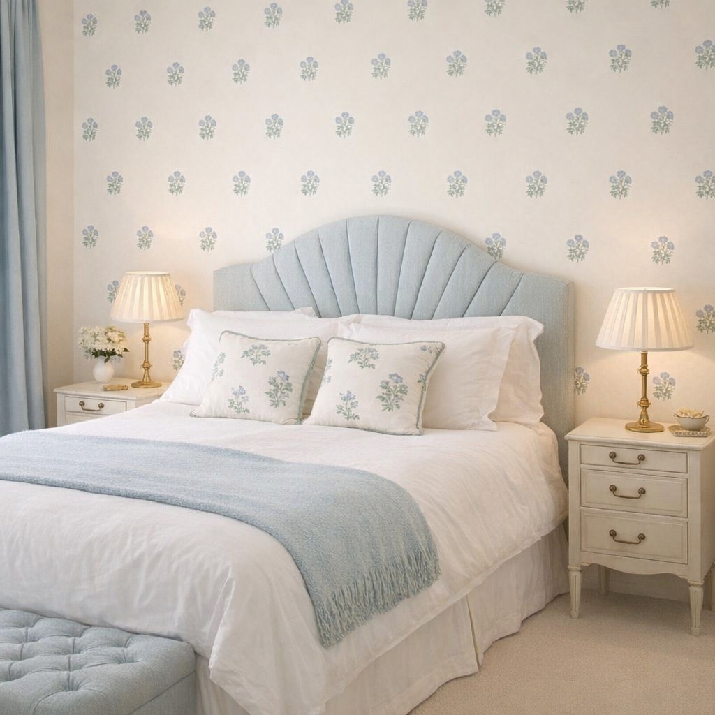 Aranżacja pokoju dziewczynki z tapetą w niebieskie kwiatuszki oraz łóżkiem tapicerowanym
