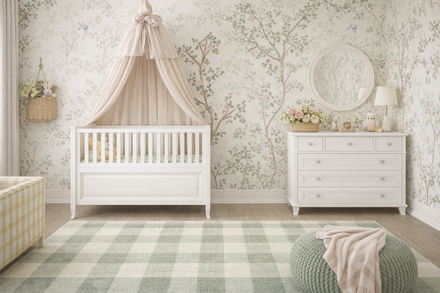 Aranżacja pokoju niemowlaka z tapetą muralem leśna opowieść i meblami z kolekcji Alex