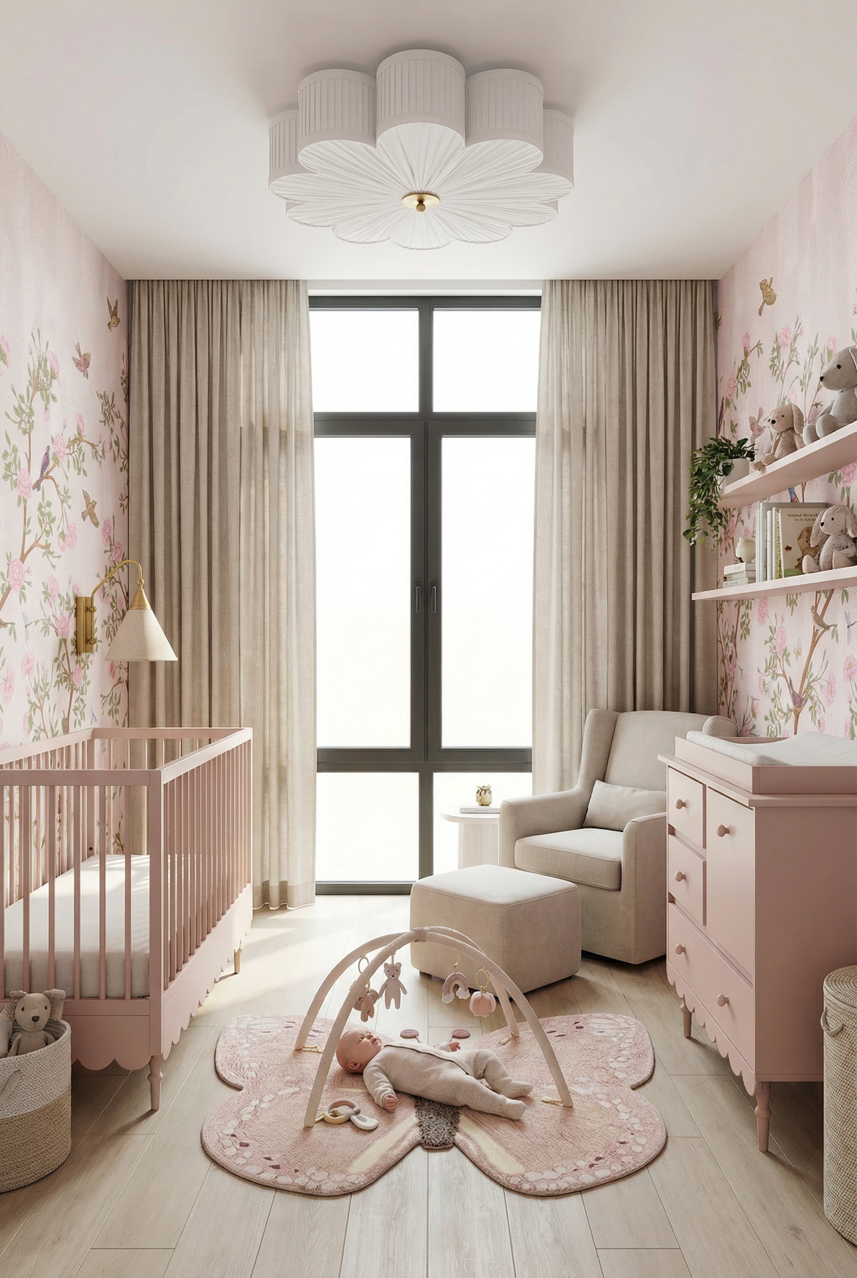 aranżacja pokoju niemowlaka z tapetą japoński ogród