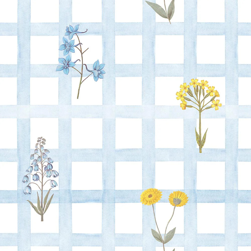 Tapeta w kwiaty polne i karatę Meadow flowers on Check Blue