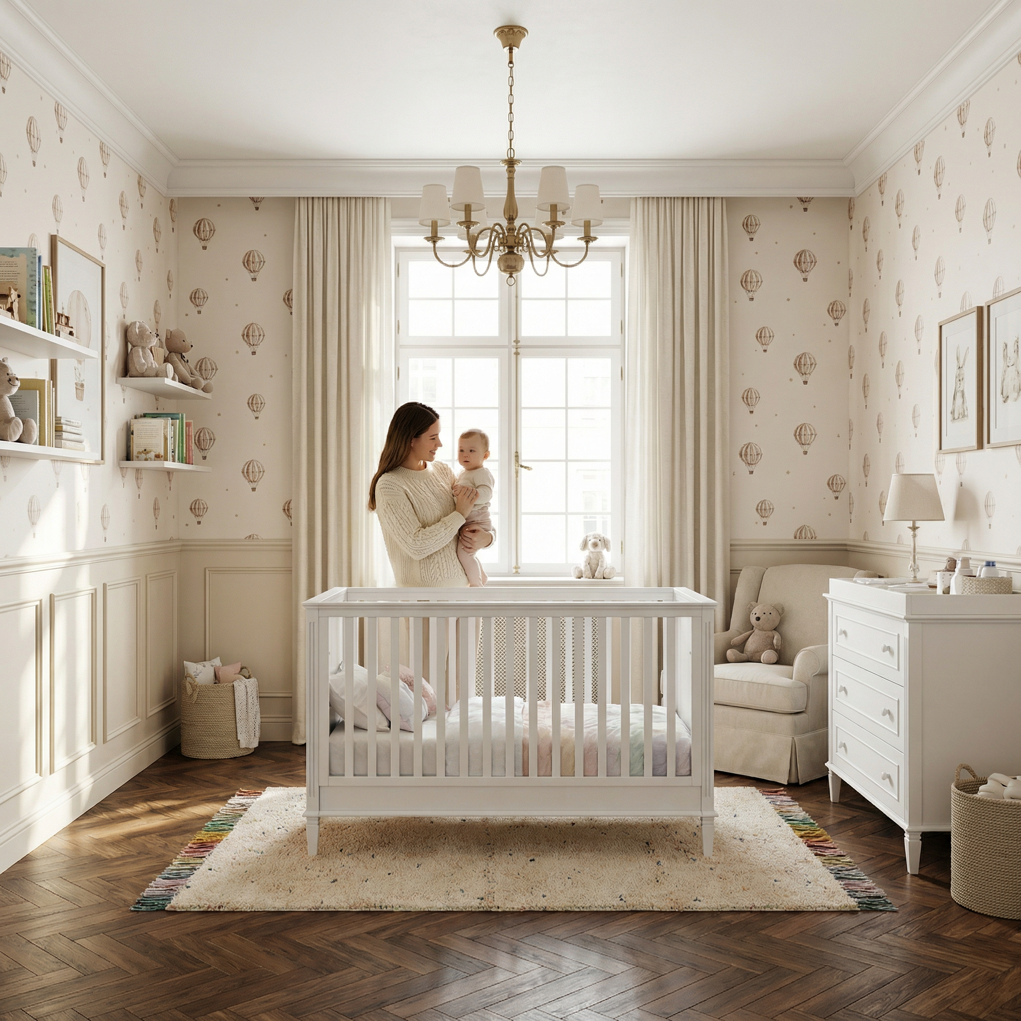 Aranżacja pokoju niemowlaka z łóżeczkiem w białym kolorze