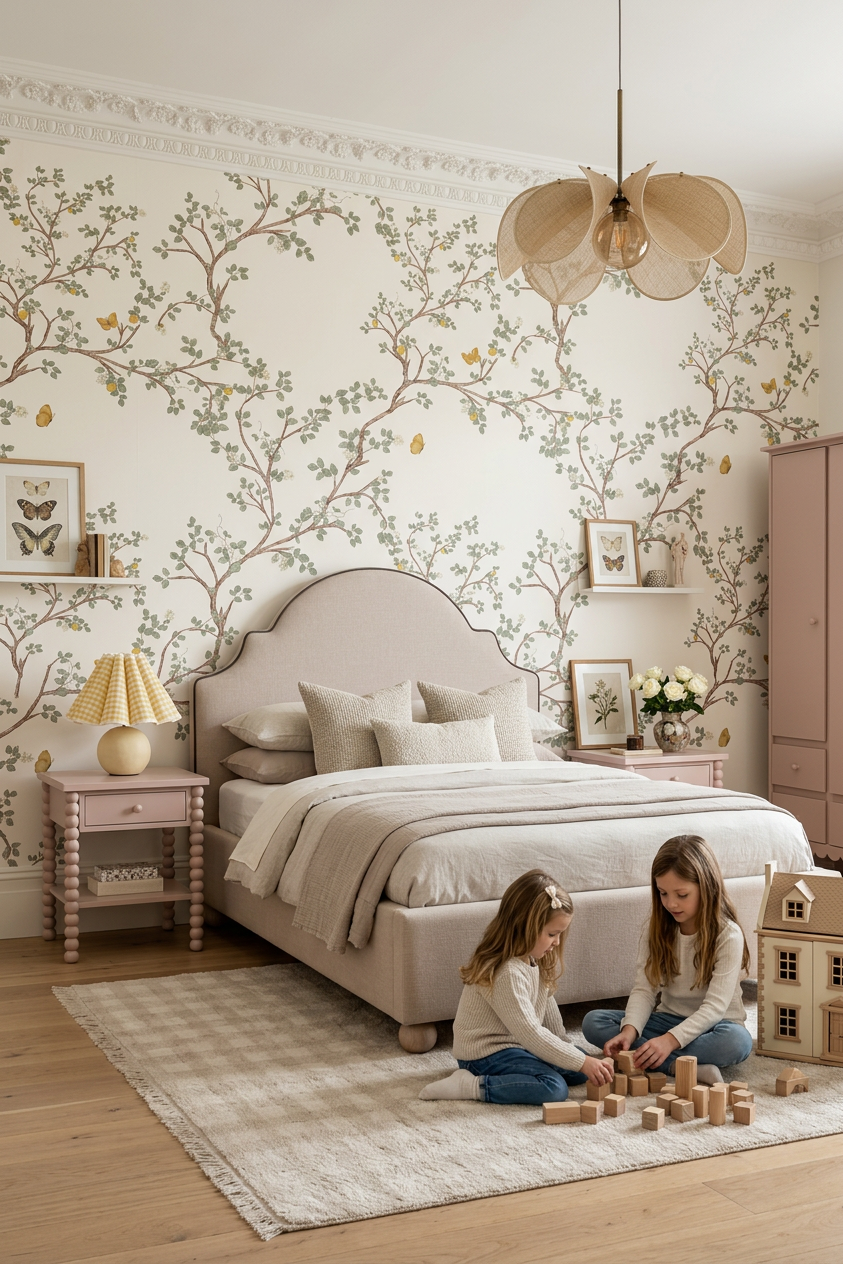 Pokój dziecięcy z tapetą leśną Wśród Drzew – łóżko tapicerowane, lniane tekstylia, ciepłe światło