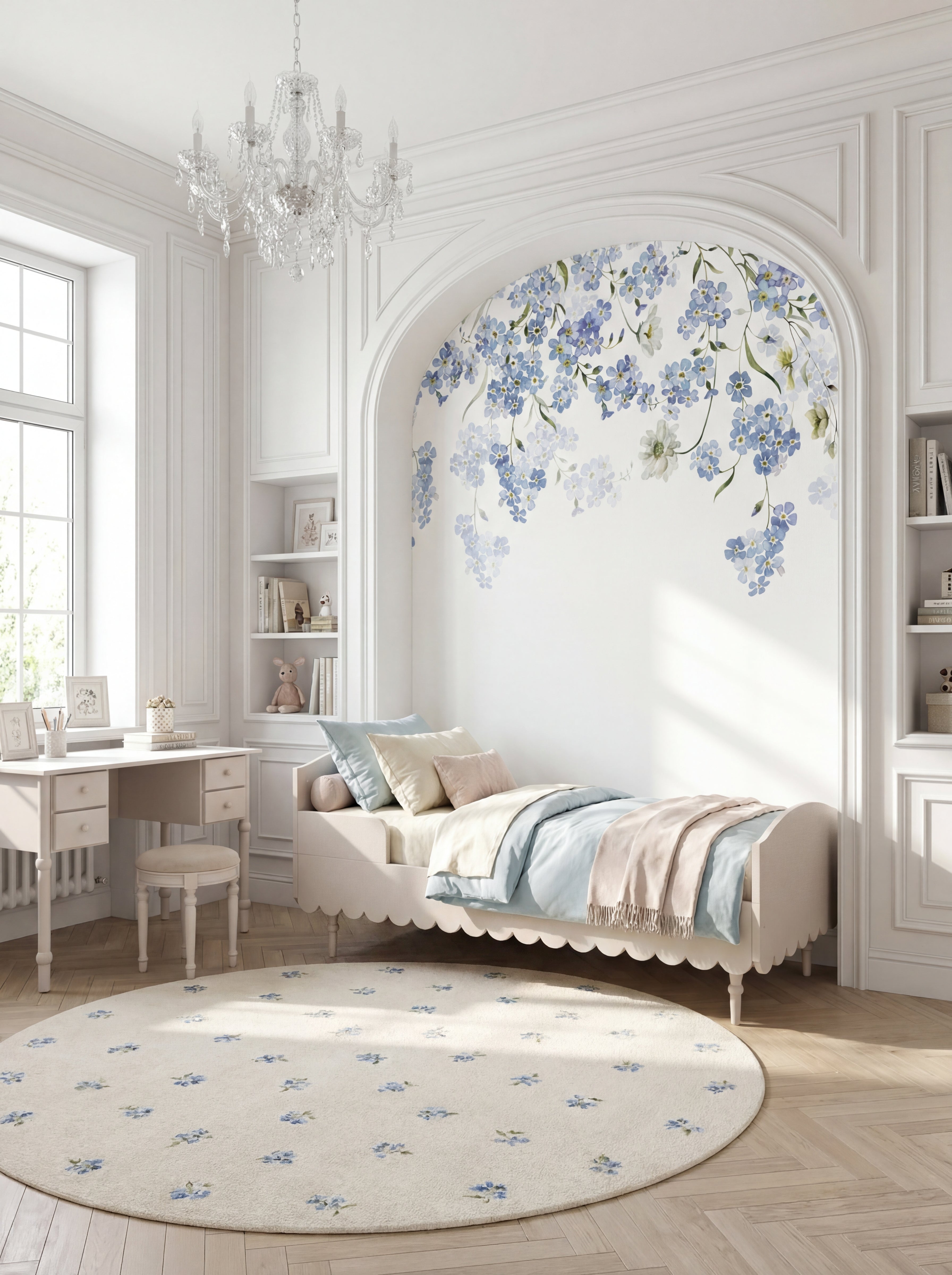 Aranżacja pokoju dziewczynki z muralem w kwiaty