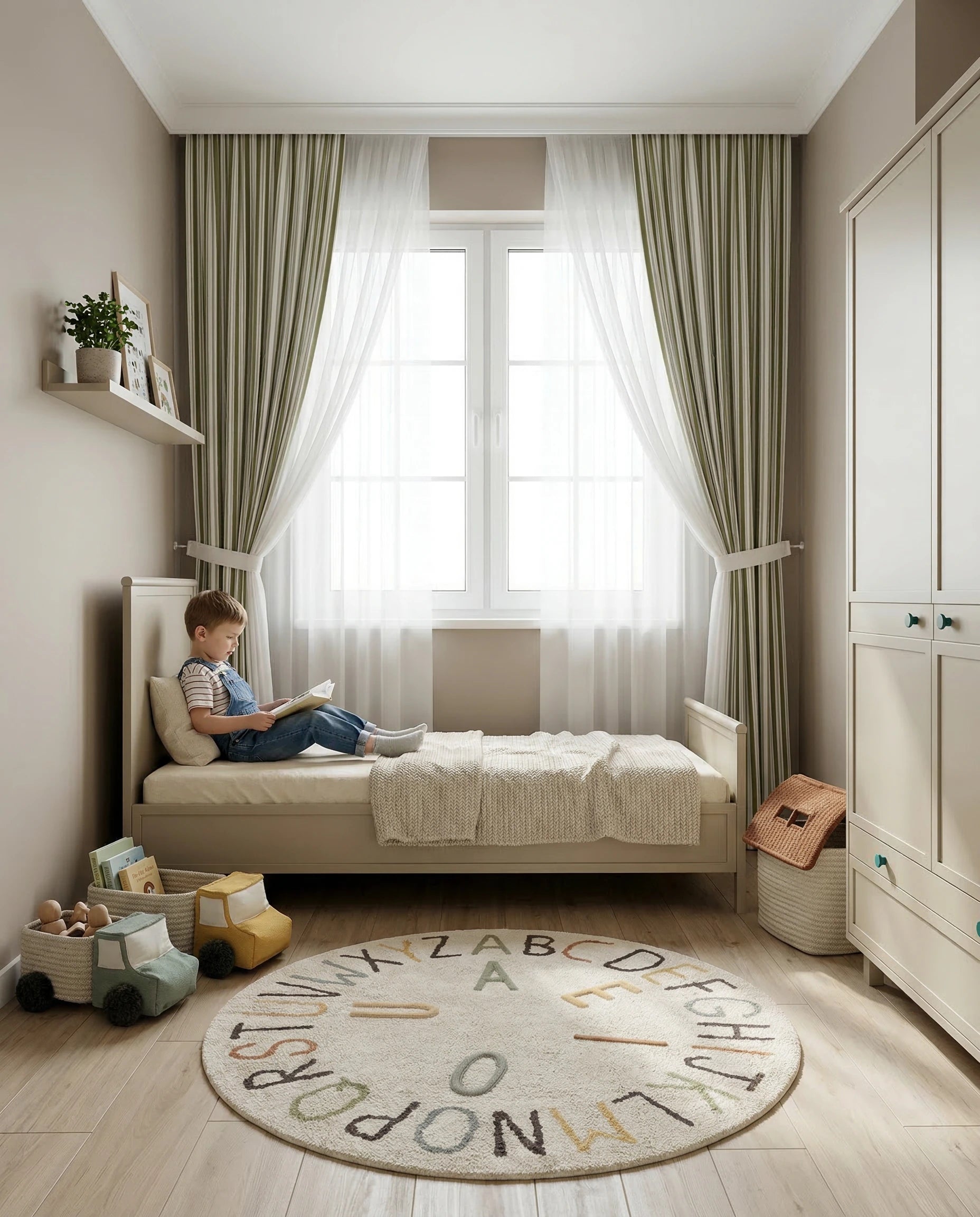 aranżacja pokoju chłopca w kolorach zielonow bezowych