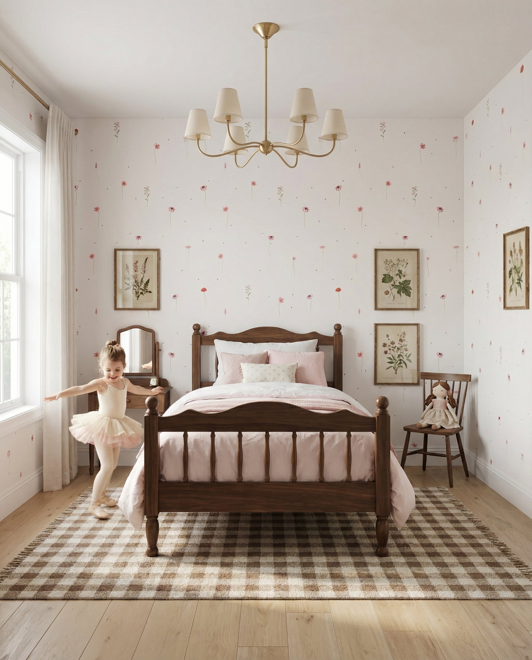 Pokój dziewczynki z tapetą Różowa Łączka na Groszkach na wszystkich ścianach - łóżko vintage