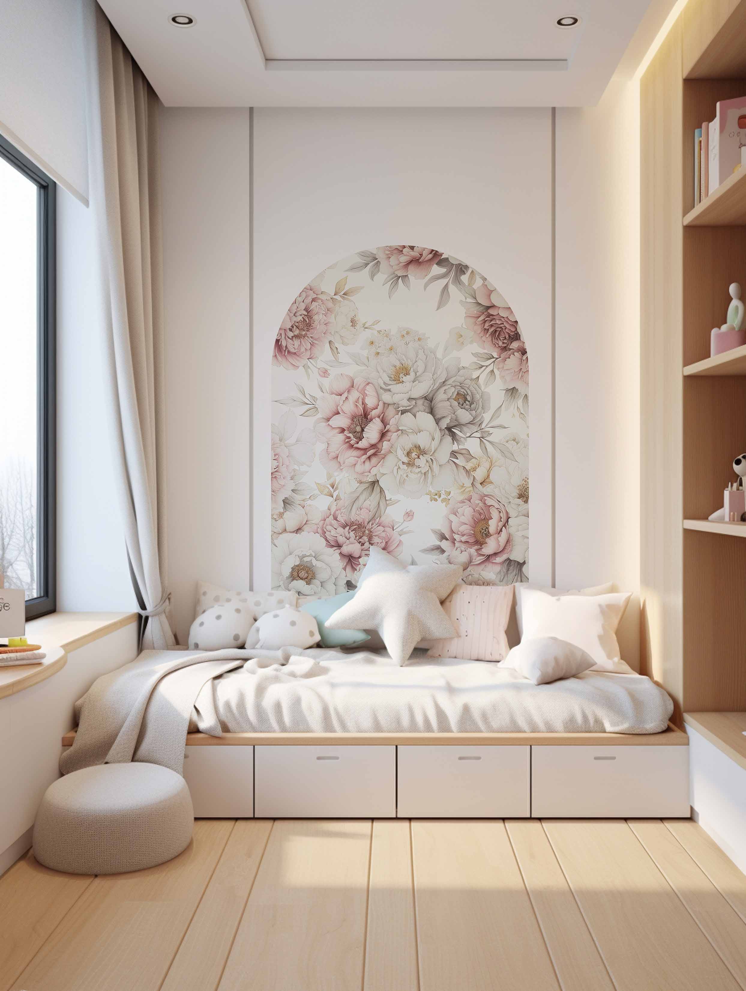 Tapeta pudrowe piwonie w łuku