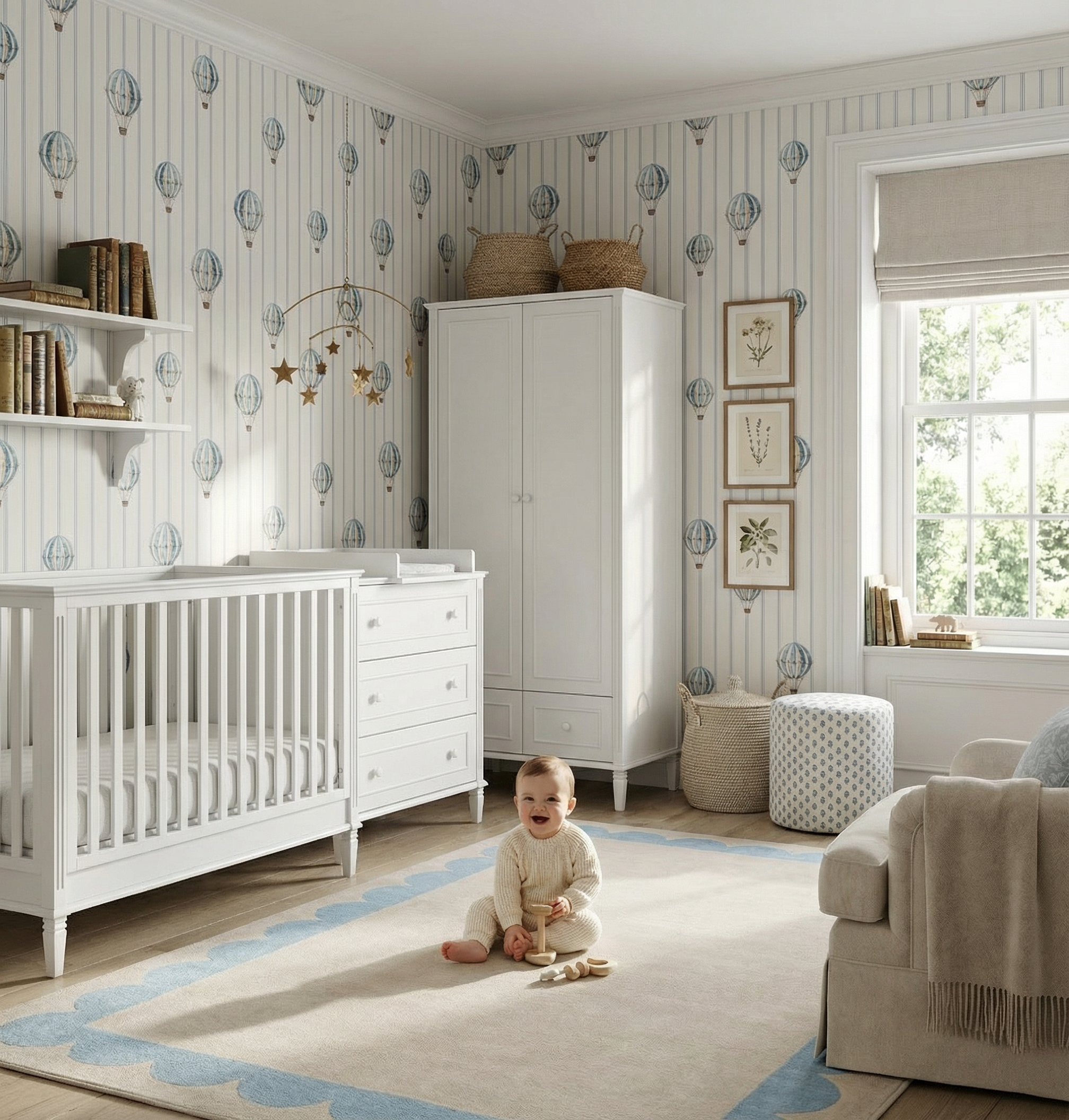 Aranżacja pokoju niemowlaka z białymi meblami oraz tapetą w balony