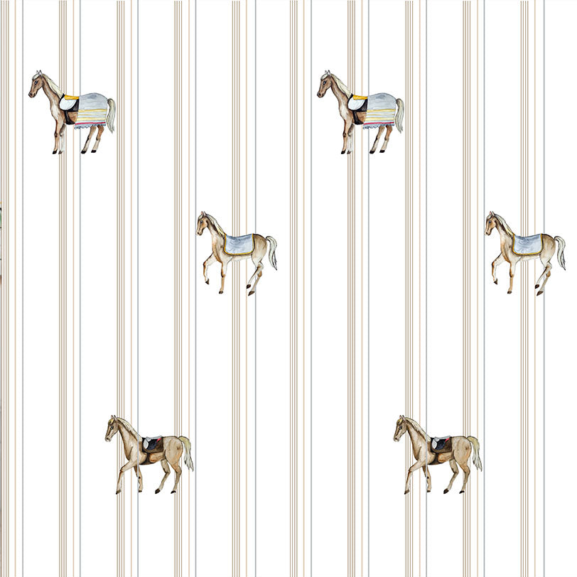Detal tapety jeździeckiej – konie w akwarelowym stylu na białym tle z paskami