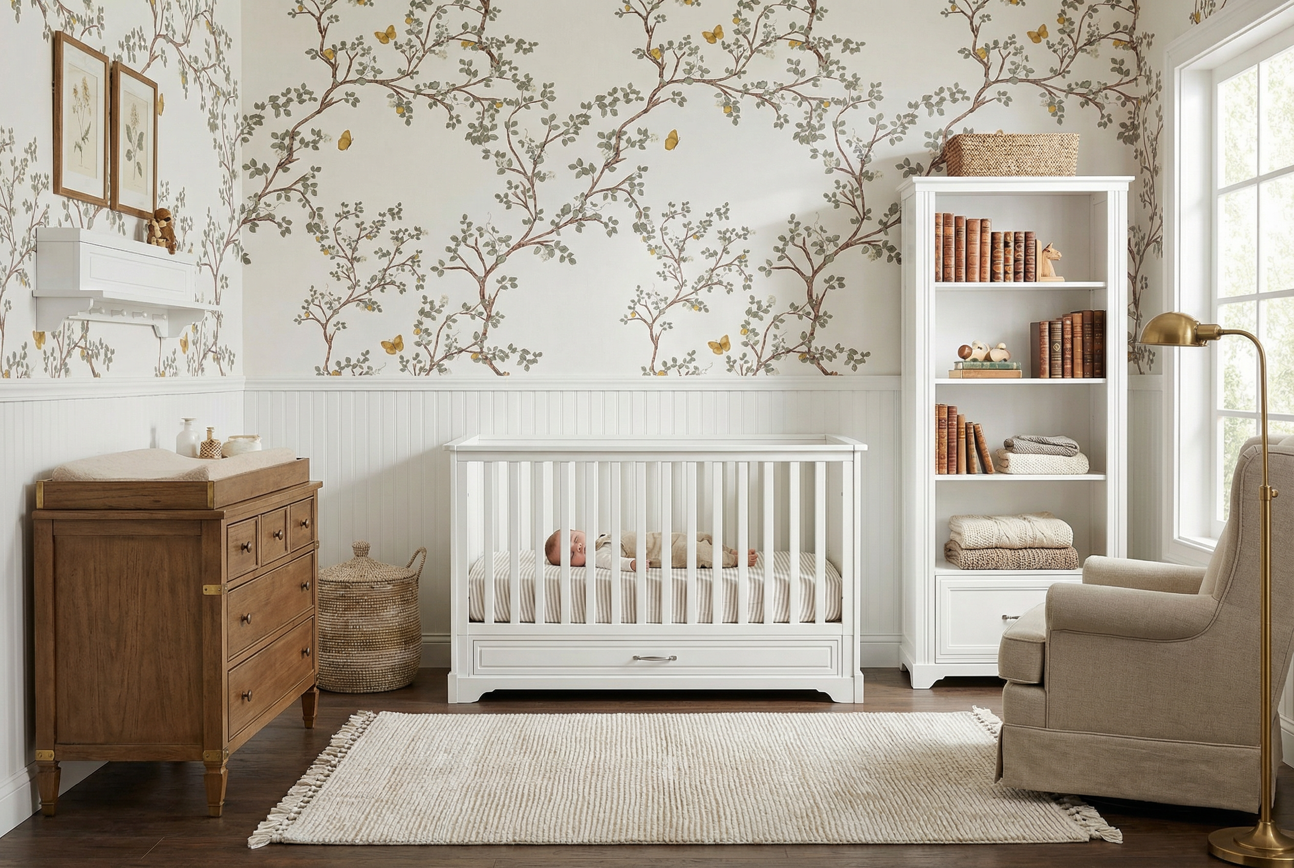 Aranżacja pokoju niemowlaka z tapetą w leśne drzewa