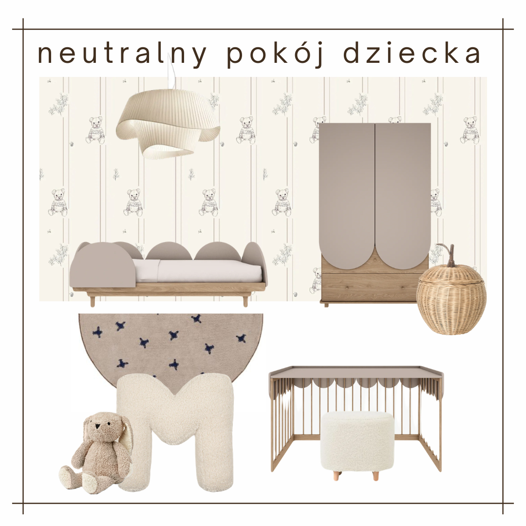 Aranżacja neutralnego pokoju dziecka z tapetą w misię (beż) - meble w kolorze kaszmir