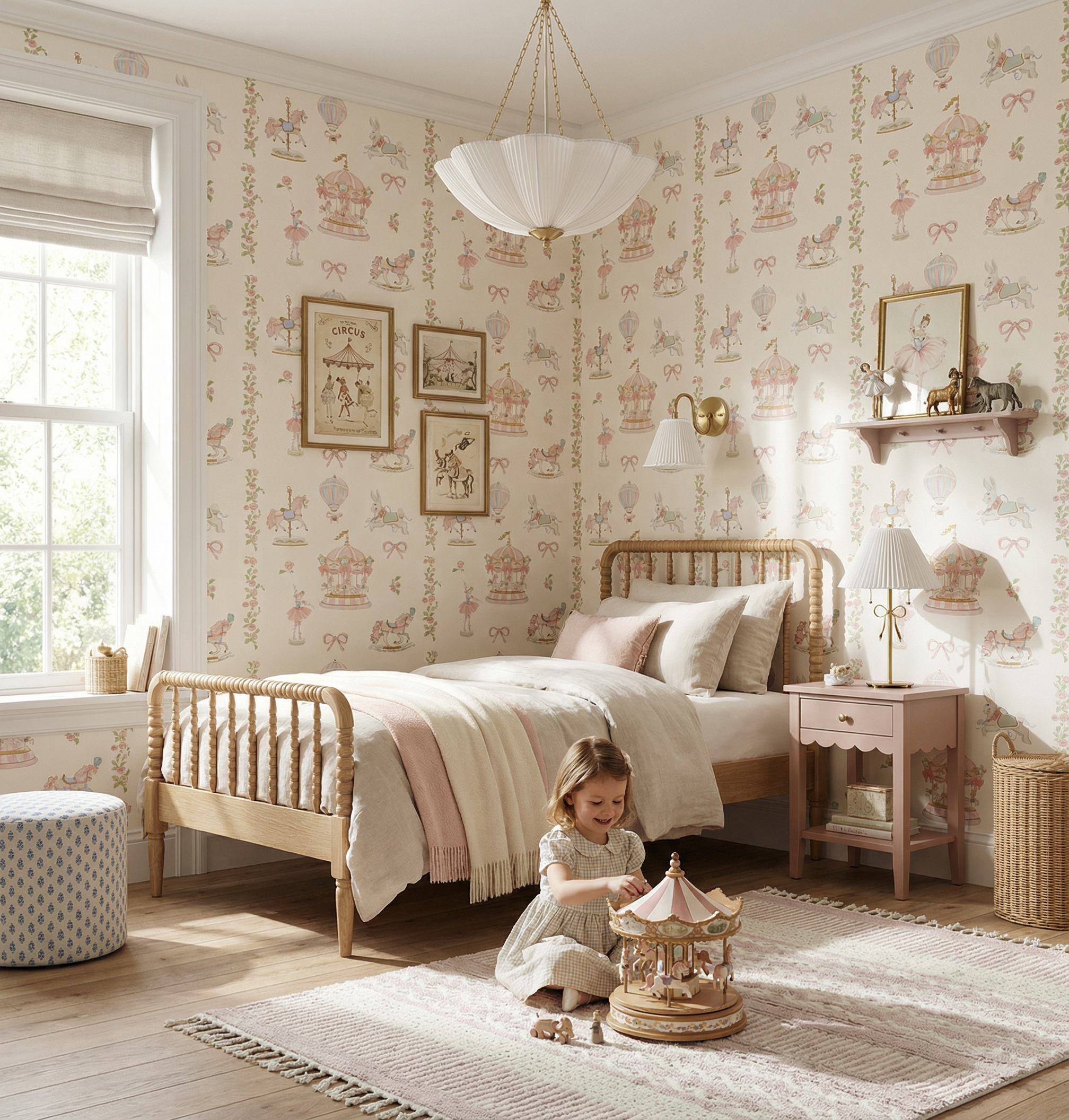 Aranżacja pokoju dziewczynki z tapetą pastelowy cyrk