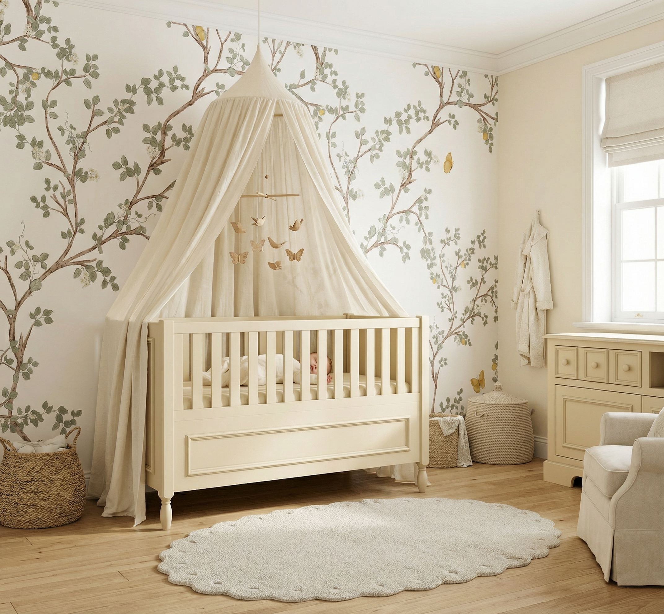 pokoik niemowlęcy z łóżeczkiem komodą Maxime, tapetą w drzewa