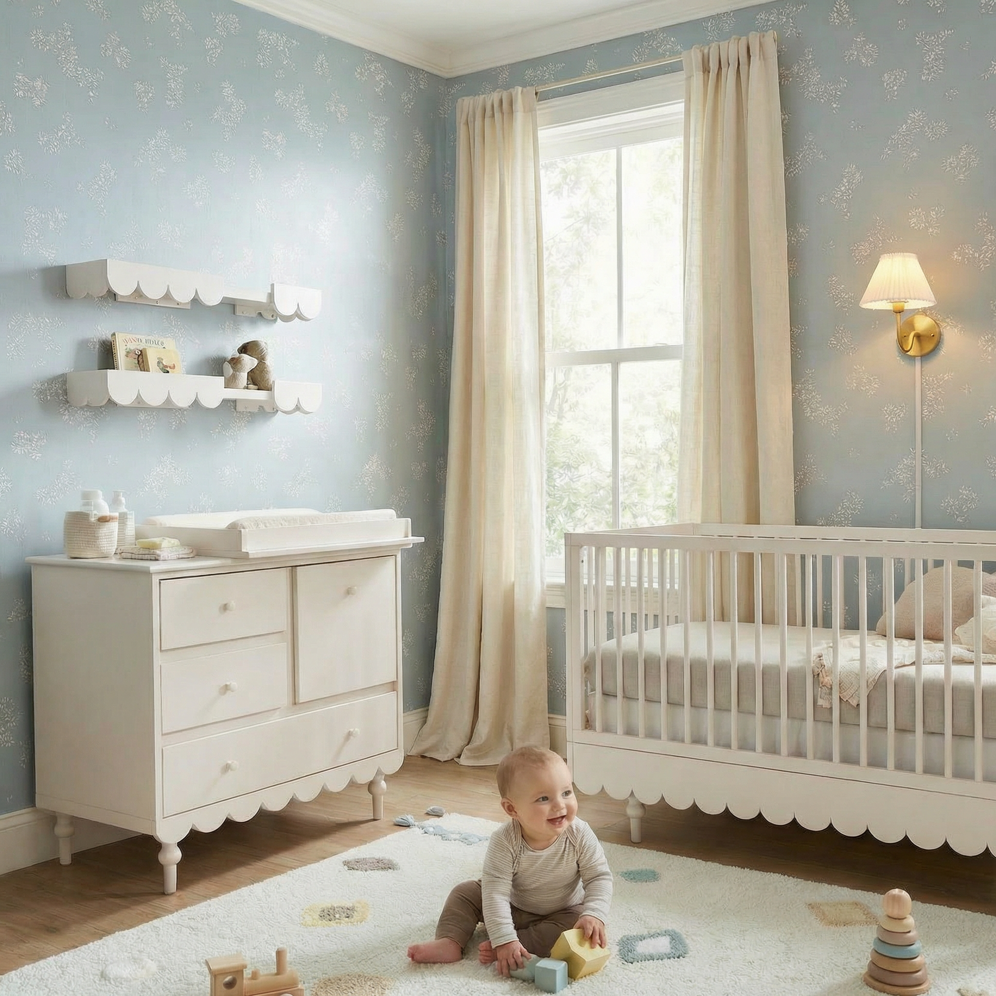 aranżacja pokoju niemowlaka - białe meble, błękitna tapeta