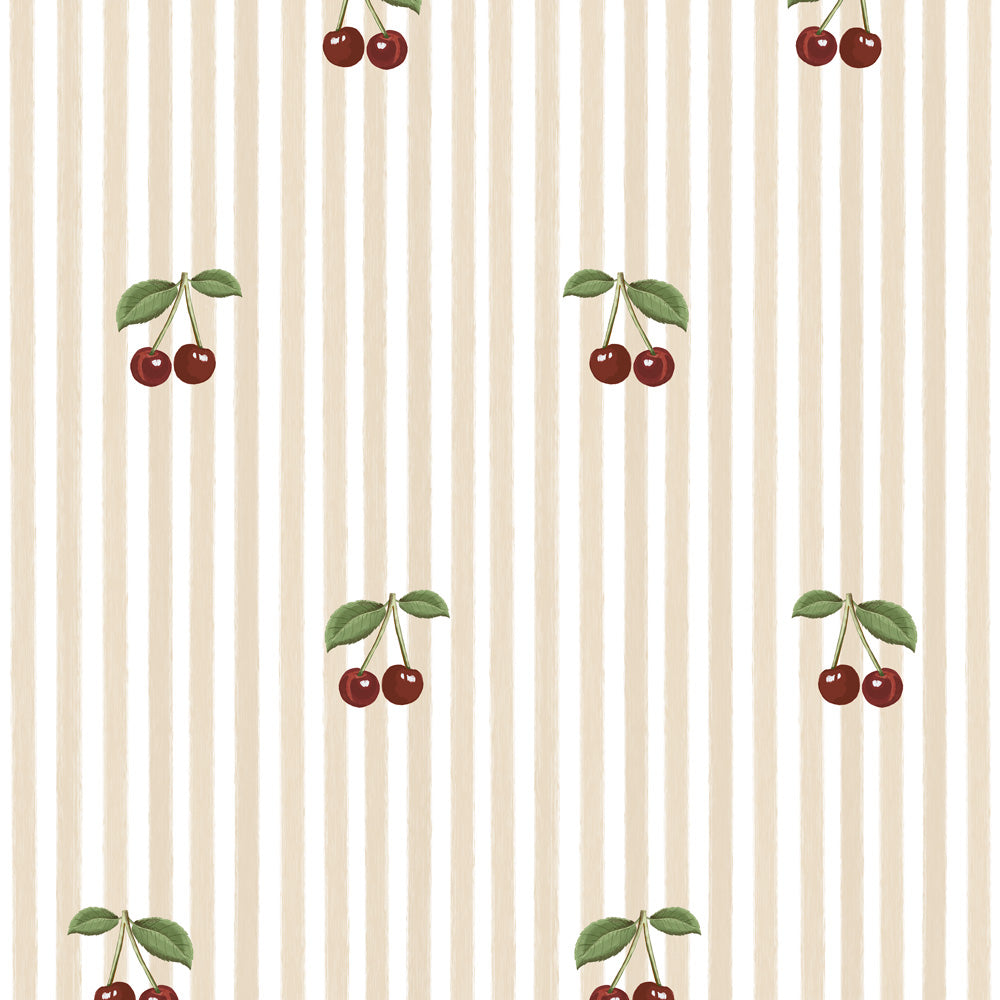 Tapeta wisienki Little Cherries on Pink Stripes