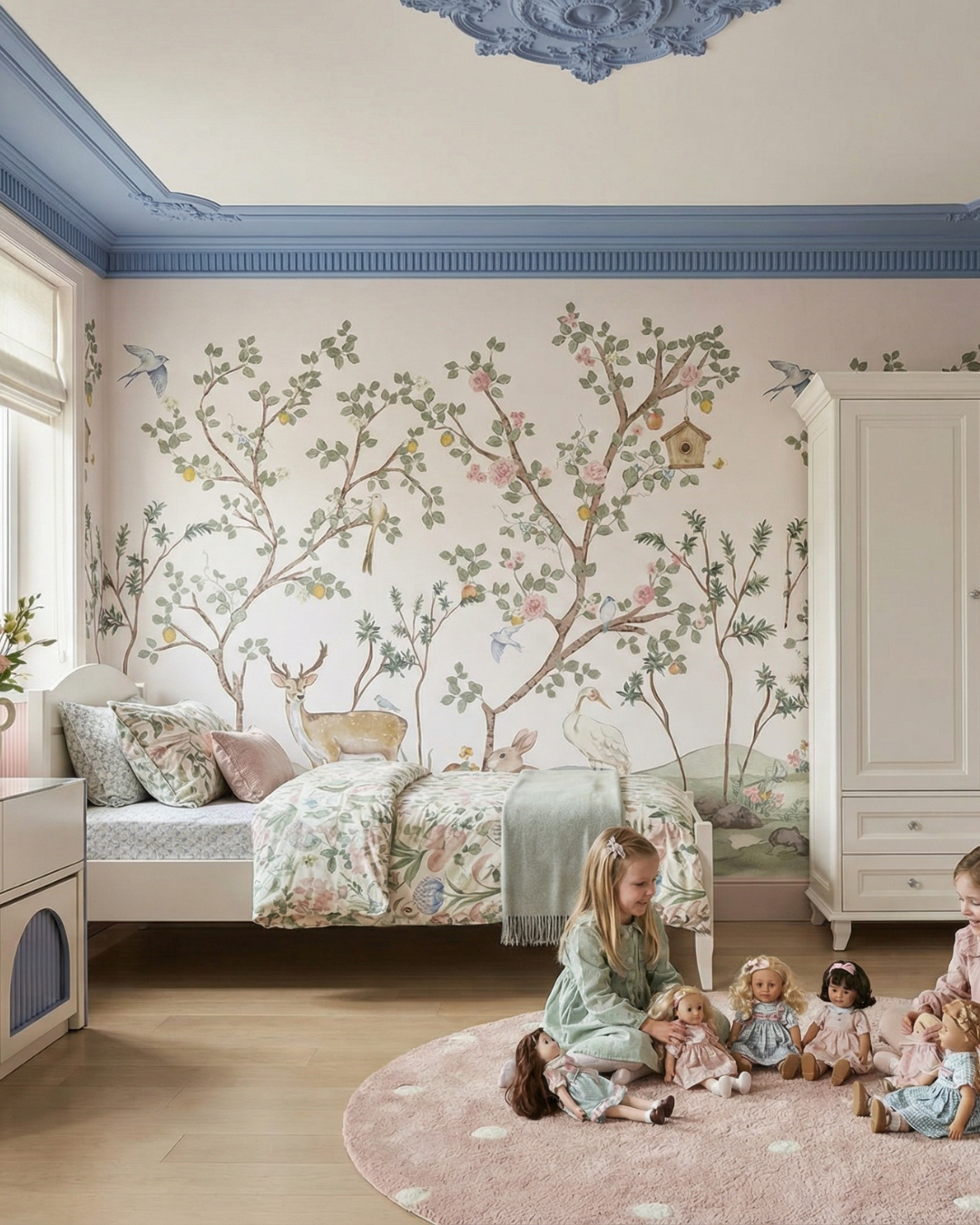 Aranżacja pokoju dziewczynki z łóżkiem z wysokim zagłówkiem