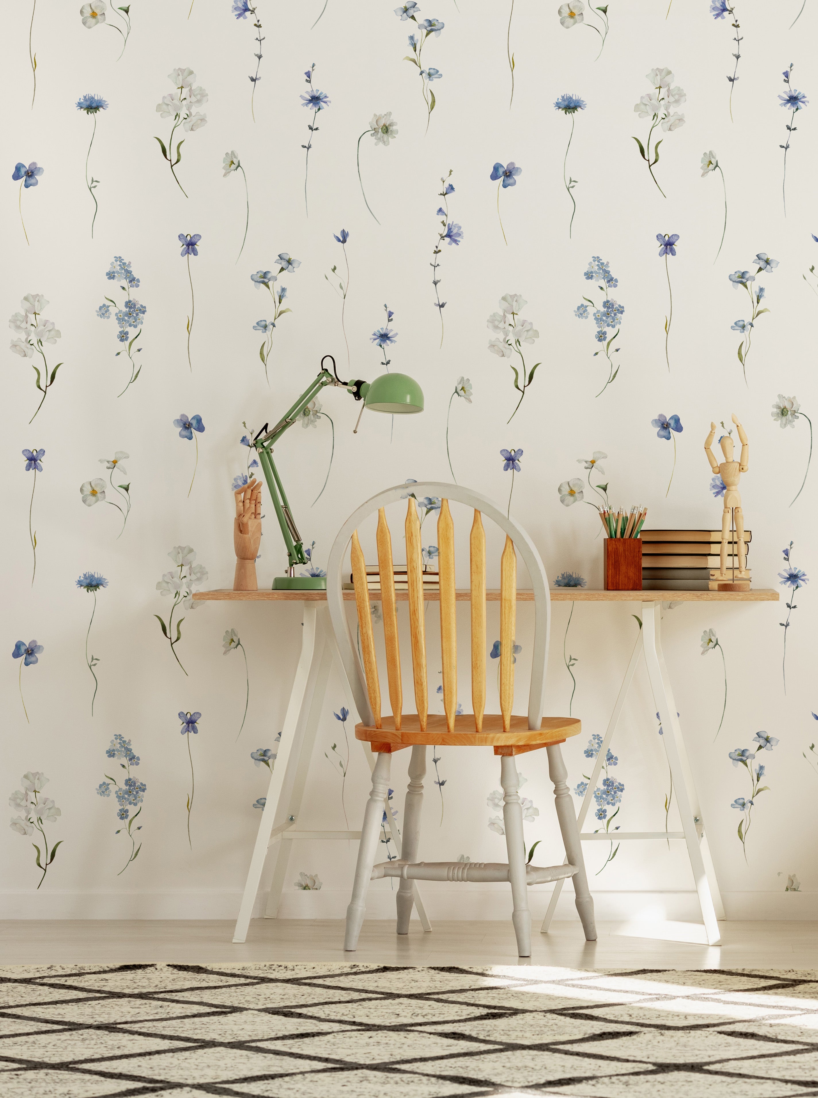 Tapeta łąka niebiesko-biała