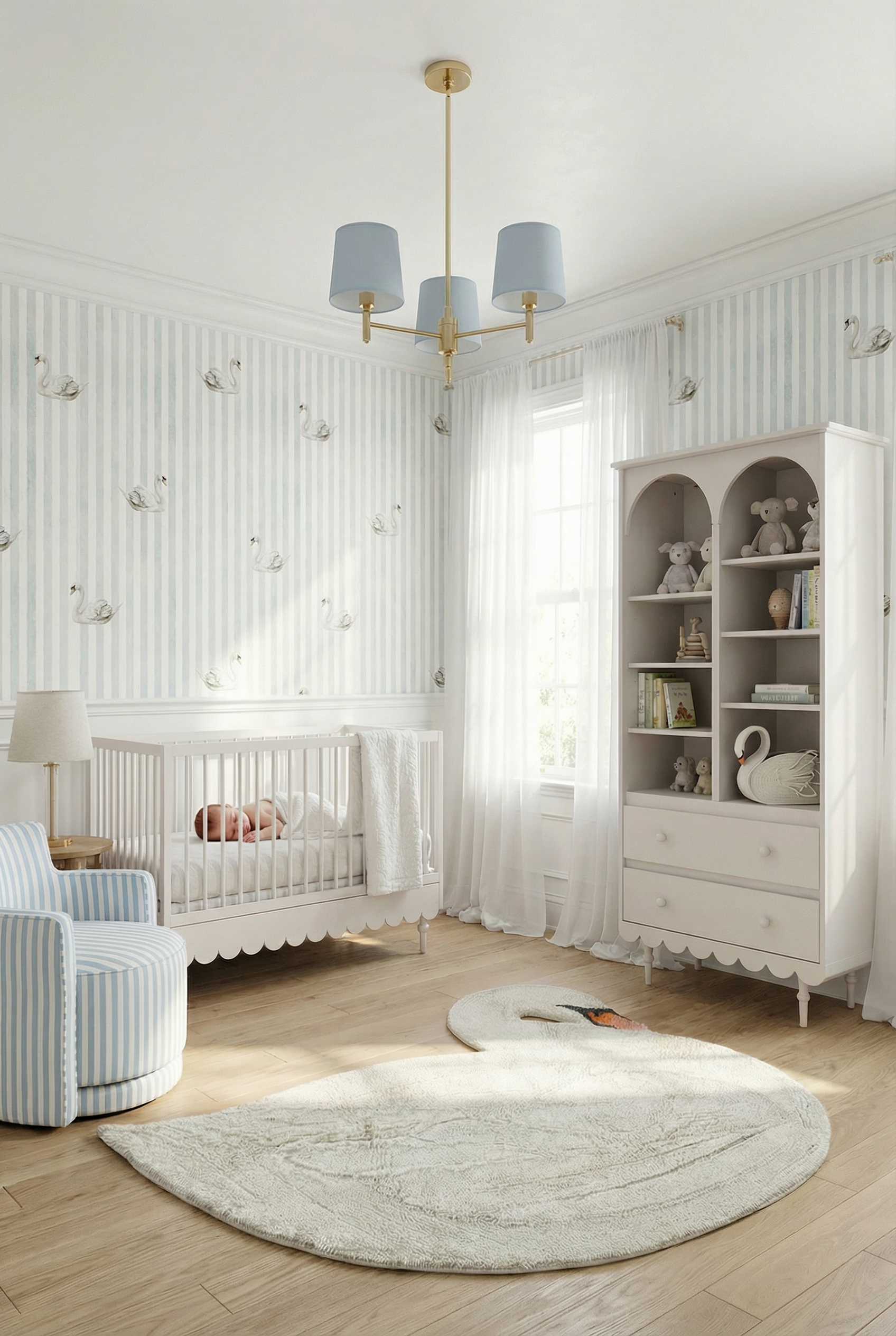 pokój niemowlaka z tapetą w łabędzie oraz meblami Babushka