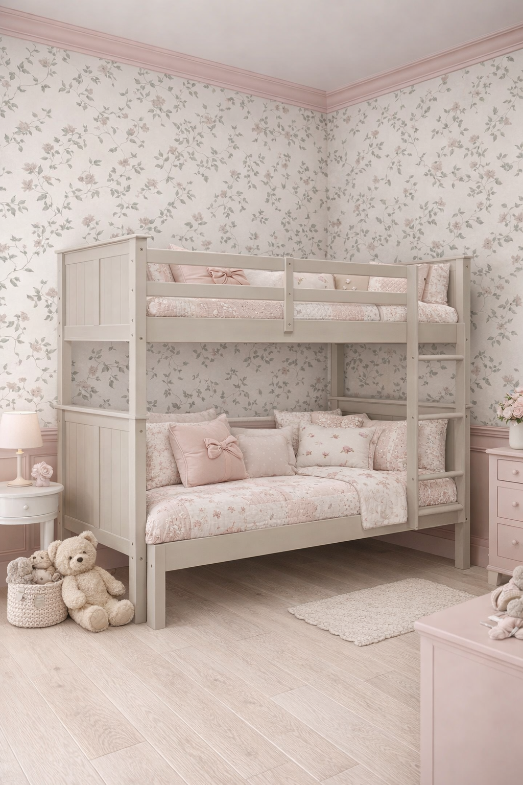 Aranżacja pokoju dziecka z tapetą bluszcz i łóżkiem piętrowym