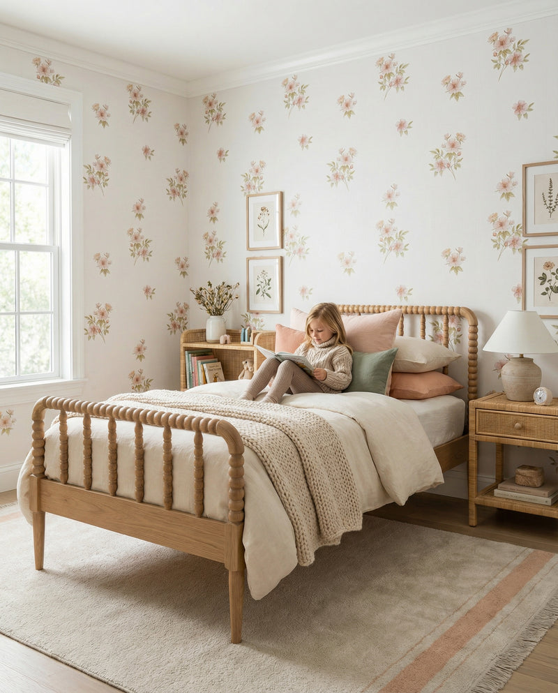 Aranżacja pokoju dziewczynki z kwiatami herbacianymi