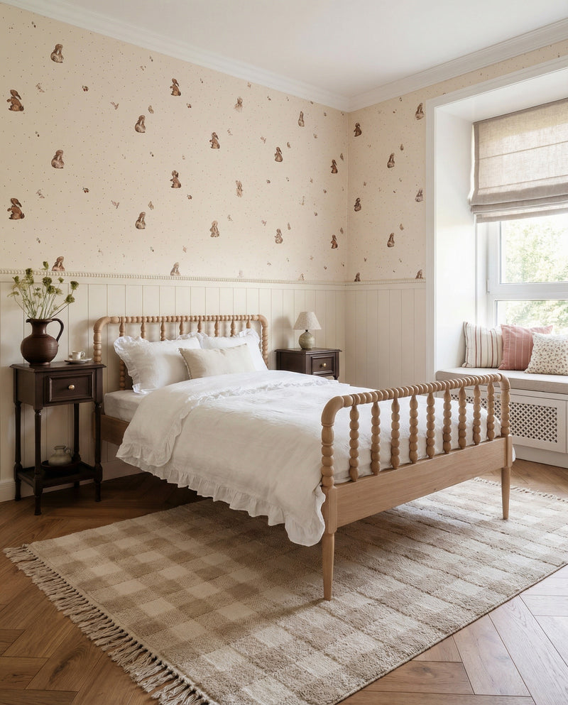 Aranżacja pokoju dziecka z łóżkiem szpulowym oraz tapetą w króliczki