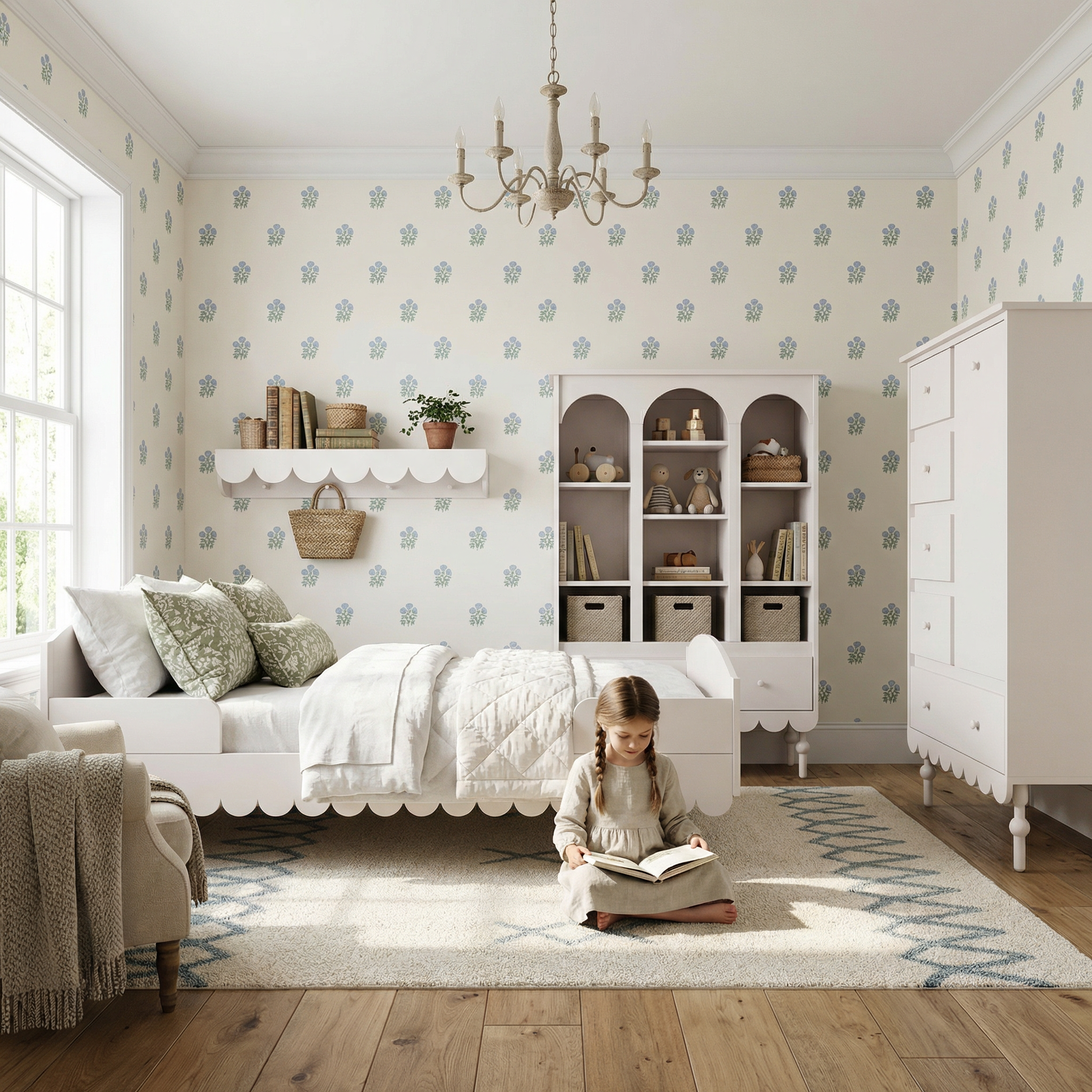 aranżacja pokoju dziewczynki z tapetą w błękitne kwiatuszki