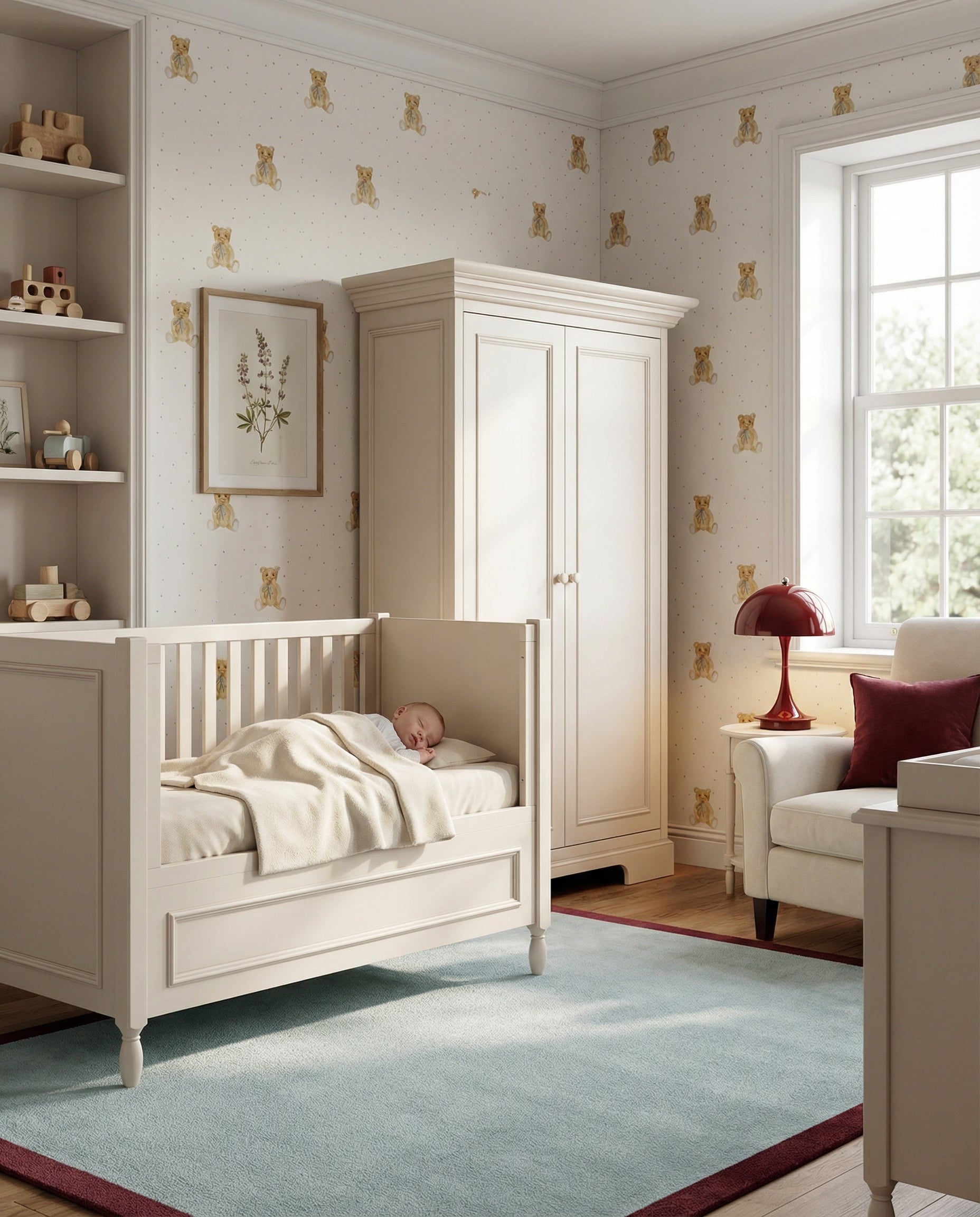 Aranżacja pokoju niemowlaka - tapeta w misie