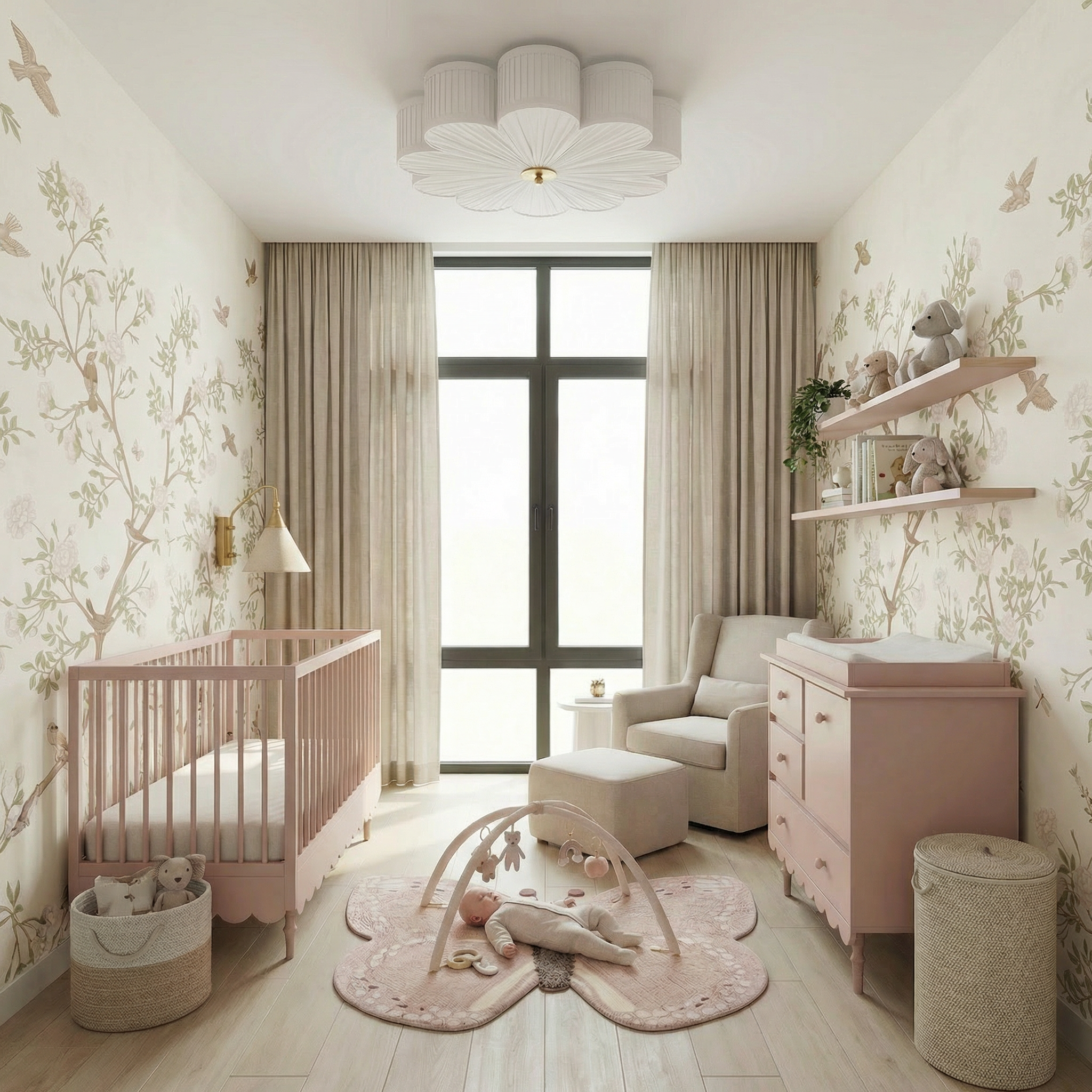 pokoik niemowlęcy z tapetą z motywem drzew