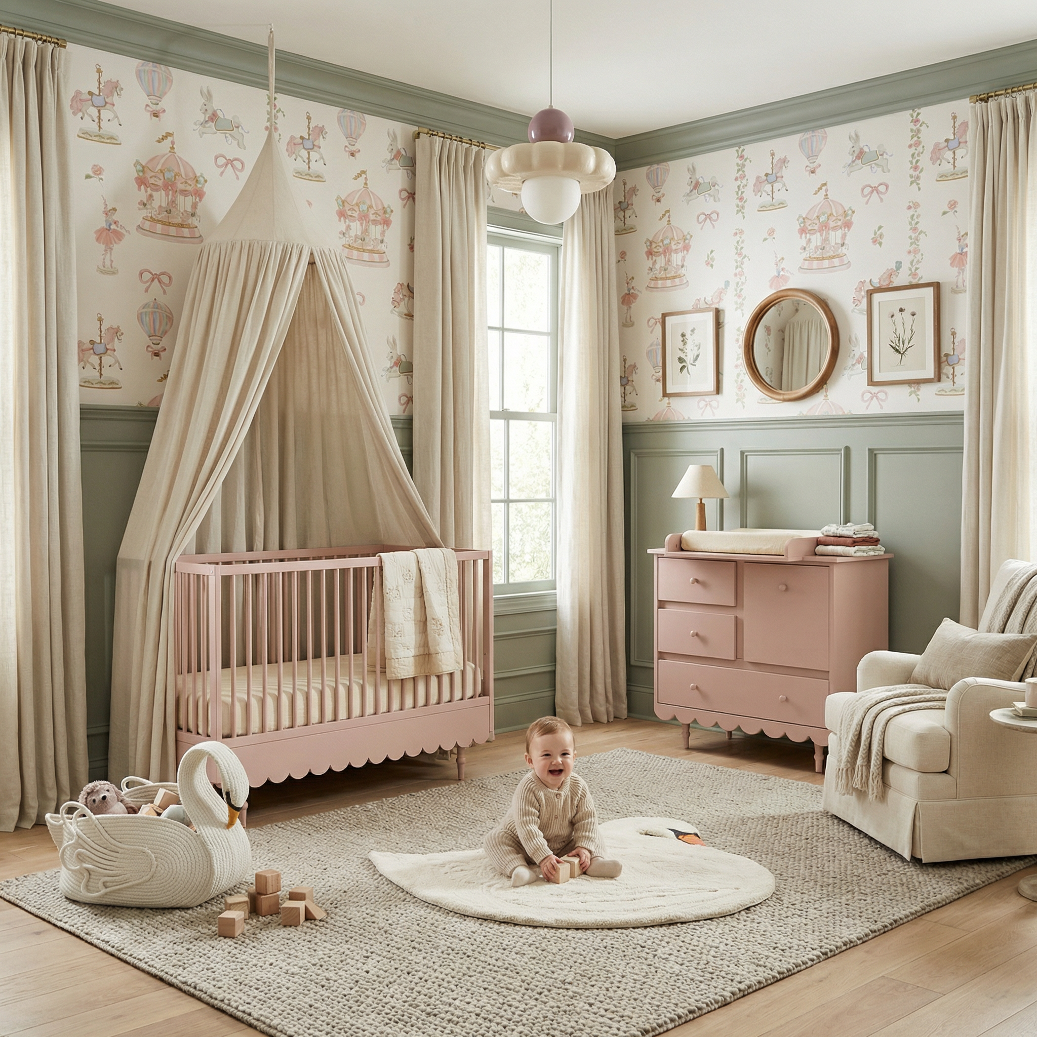 pokoik niemowlęcy z tapetą w motyw cyrku - konie na biegunach, karuzela cyrkowa..