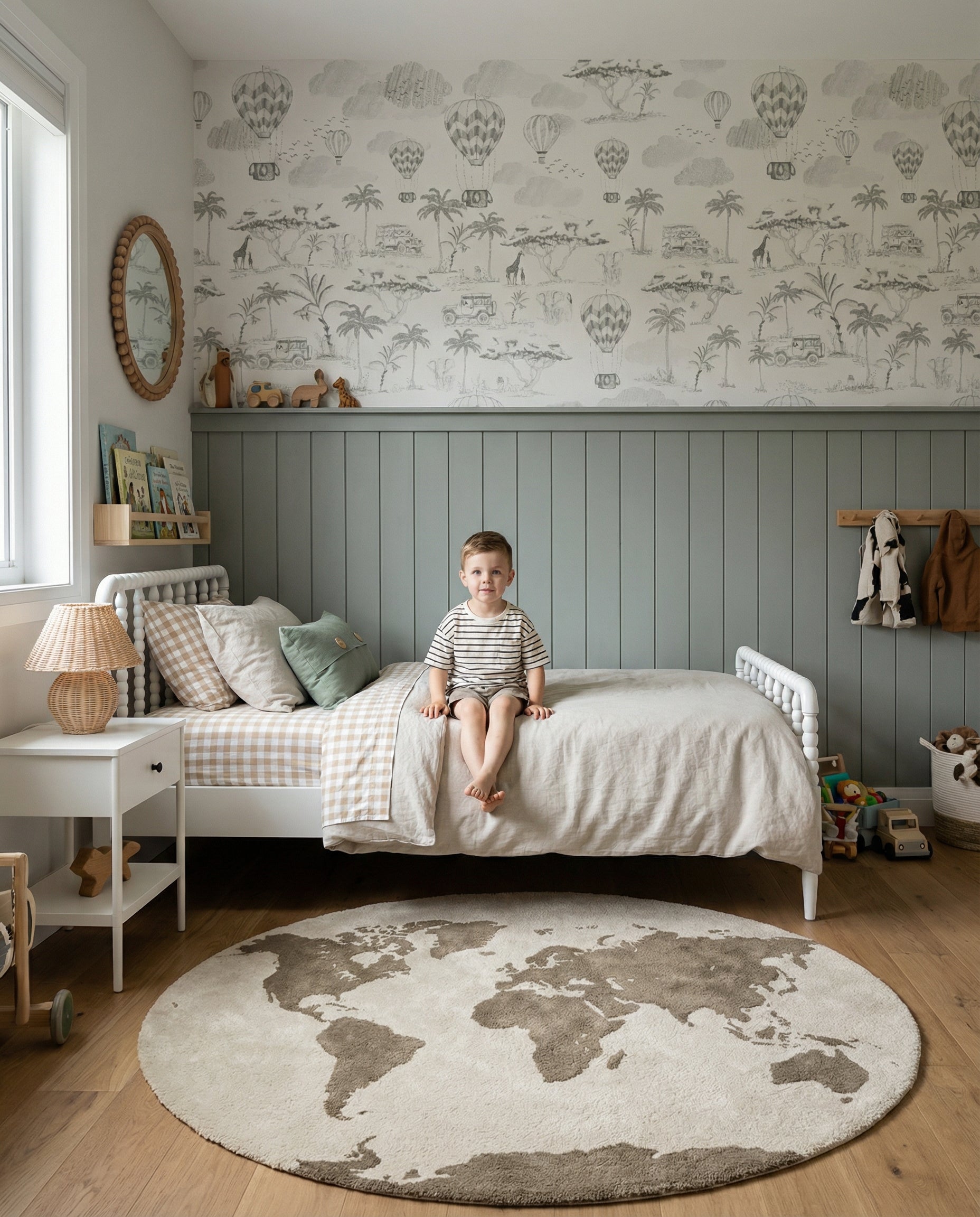 Aranżacja pokoju chłopca z łóżkiem vintage z tralkami