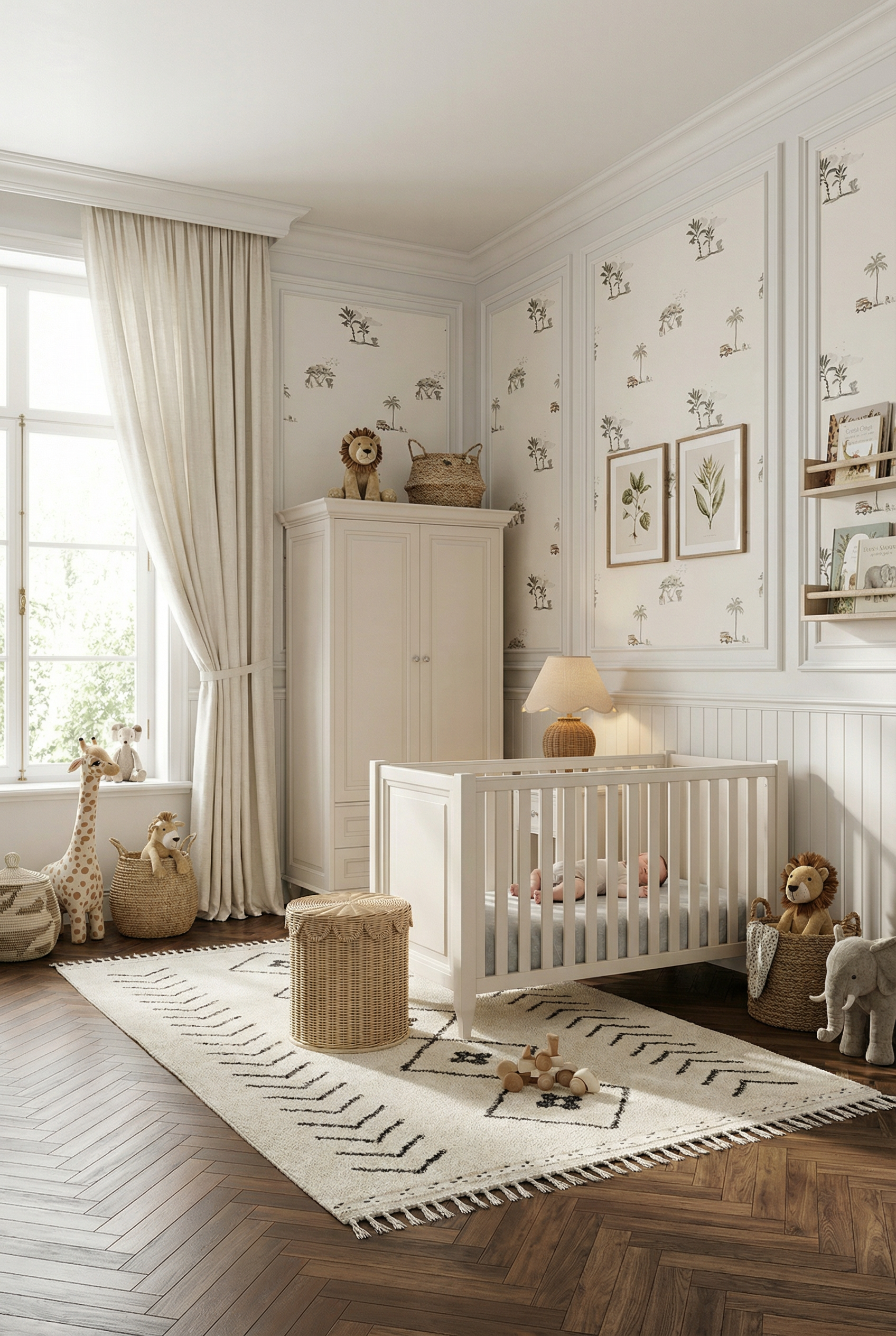 pokój niemowlaka z motywem safari i kszmirowymi meblami