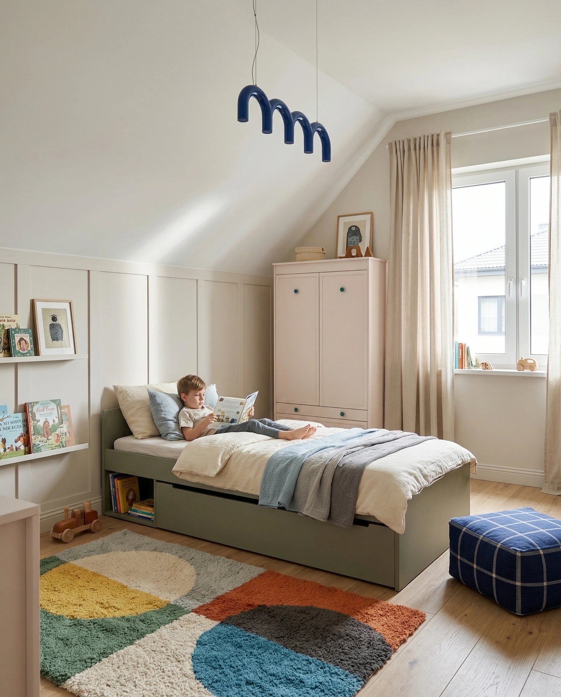 aranżacja pokoju chłopca z zielonym łóżkiem