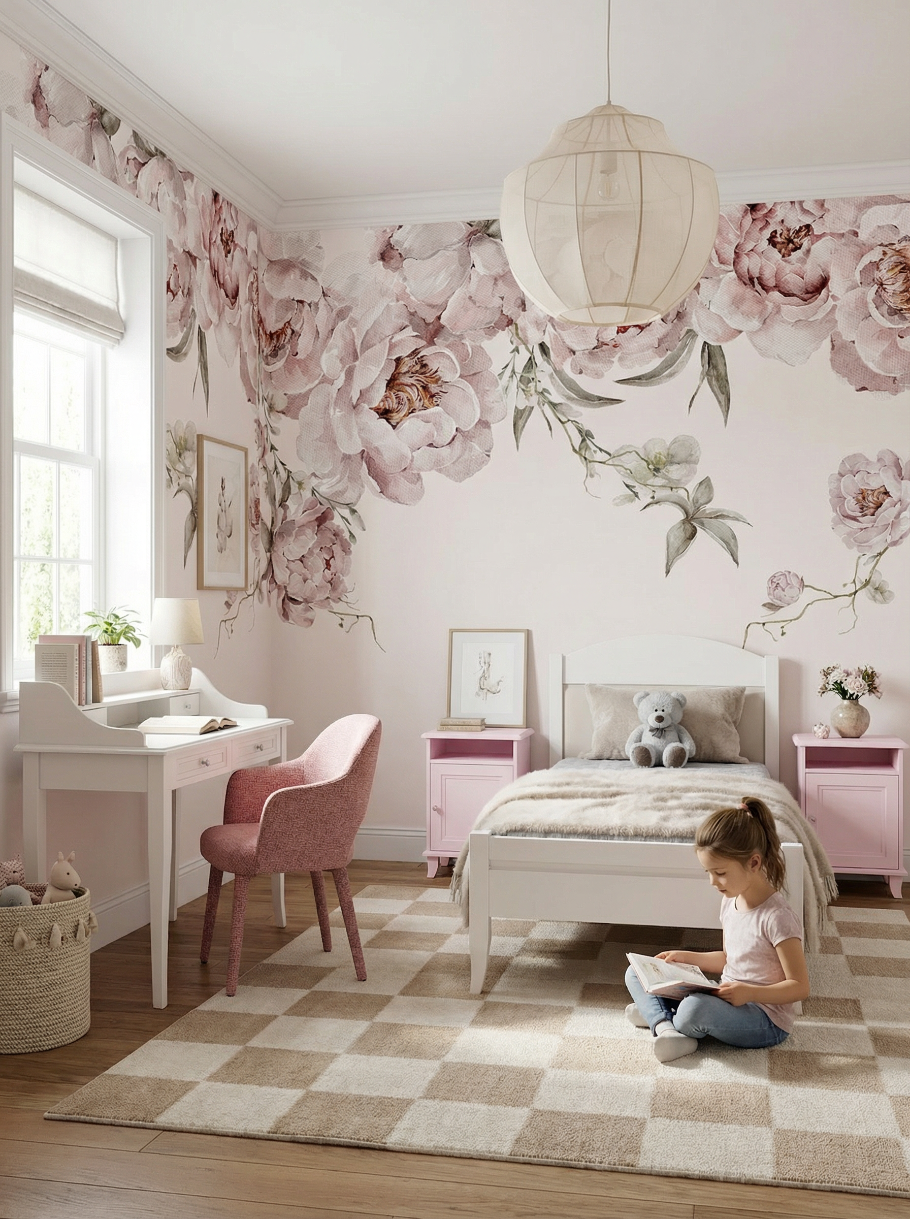 aranżacja pokoju dziewczynki z tapetą w piwonie oraz białymi meblami